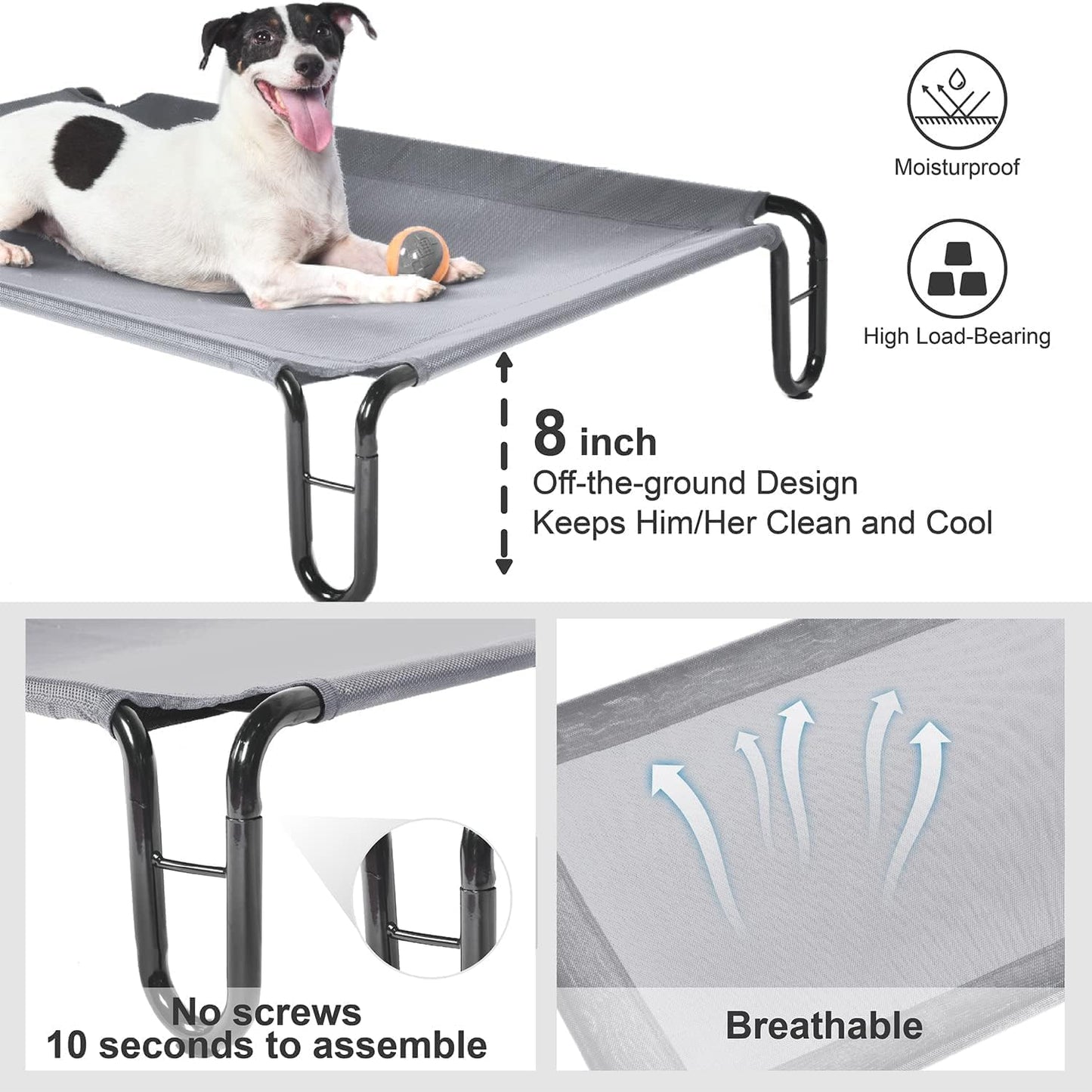 Pettycare Elevated Outdoor Dog Bed - Waterproof Cot for Small Dogs, Easy to Assemble, Cooling With Teslin Mesh, Durable, Non-Slip, Up to 35 lbs, Grey