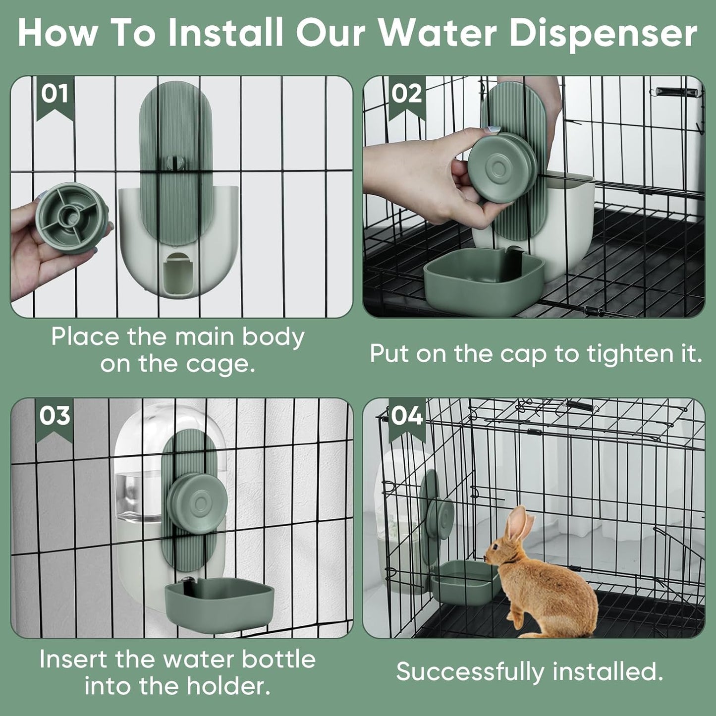 28oz Hanging Automatic Water Dispenser，Rabbit Water Bottle,Bunny Guinea Pig Ferret Water Bowl for Cage,Suitable for Small Animal Puppies(Cage Grid Spacing Over 1.2'') (Green)