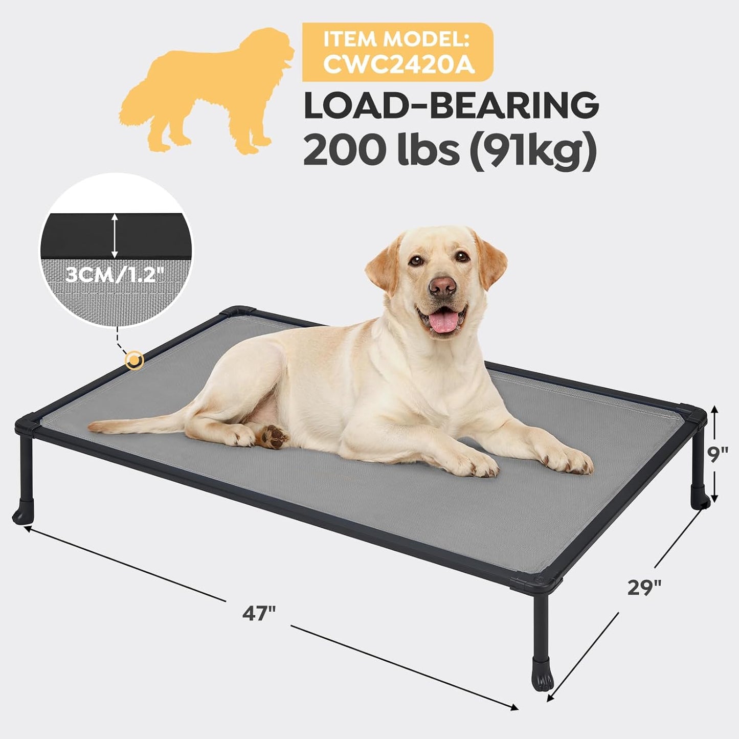 Veehoo Chew Proof Dog Bed, Non-Chewable Cot for Large Dogs, Anti-Scratch Durable Hammock Raised Place for Training Platform, Outdoor Cooling Off Ground, CWC2420ACP