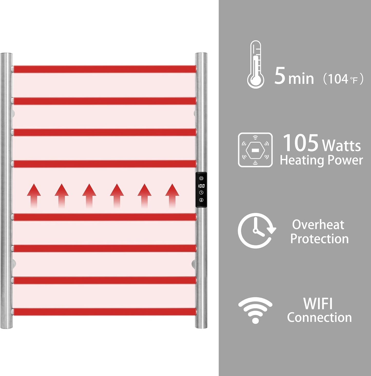 KEG Smart WiFi Towel Warmer Wall Mounted with Built-in Timer and Temperature Adjust Control, 8 Bars Electric Stainless Steel Heated Towel Racks for Bathroom Brushed Nickel