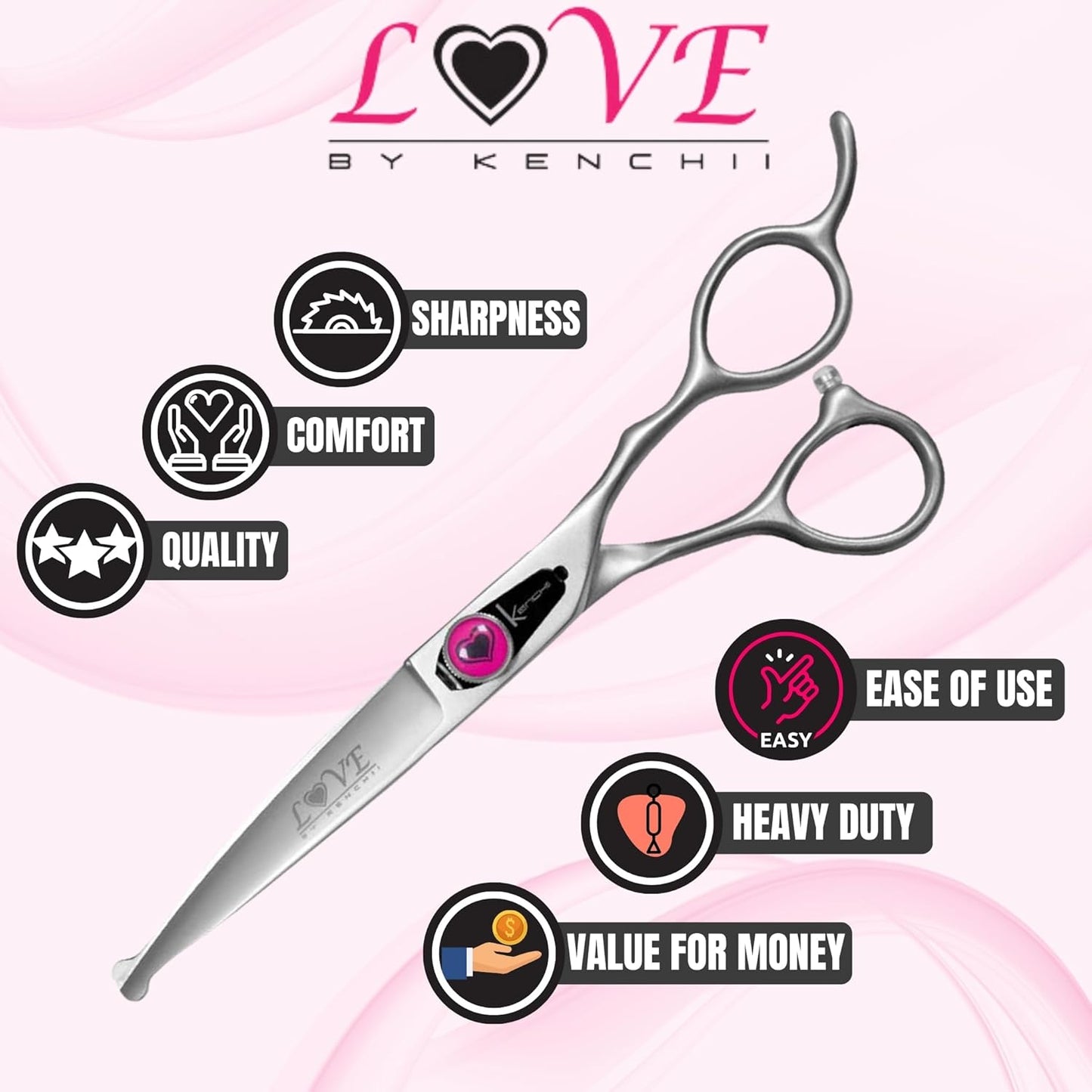 Kenchii Love Dog Grooming Scissors, 6.5 Inch Straight Balltip Shears, Dog Scissors for Grooming, Professional Pet Grooming Scissors, Safety Round Tip Shears
