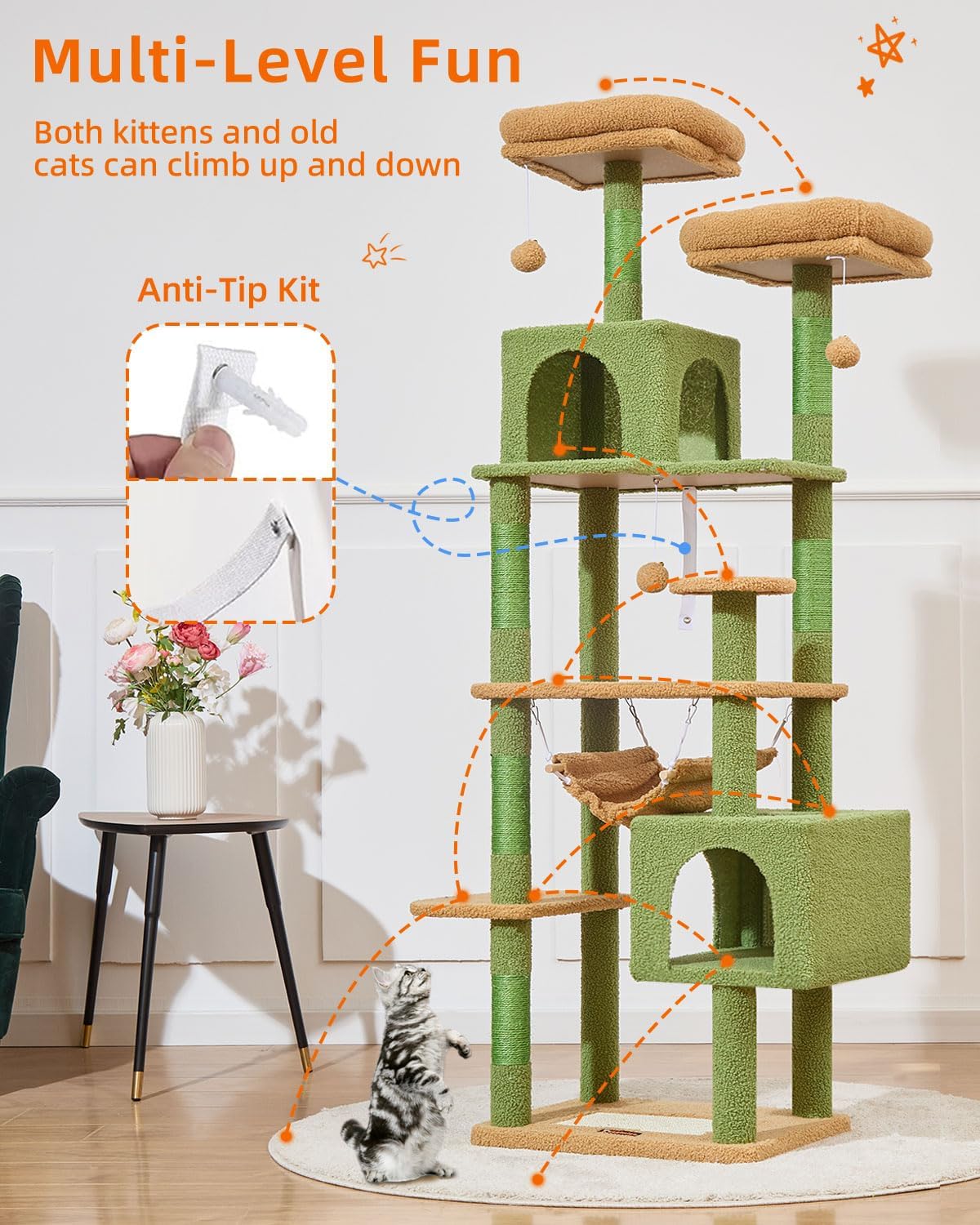 Taoqimiao Cat Tree, 68-Inch Cat Tree Cat Tower for Indoor Cats, Plush Multi-Level Cat Condo with 6 Scratching Posts, 2 Perches, 2 Caves,Hammock, 3 Pompoms,MS020ST Cactus