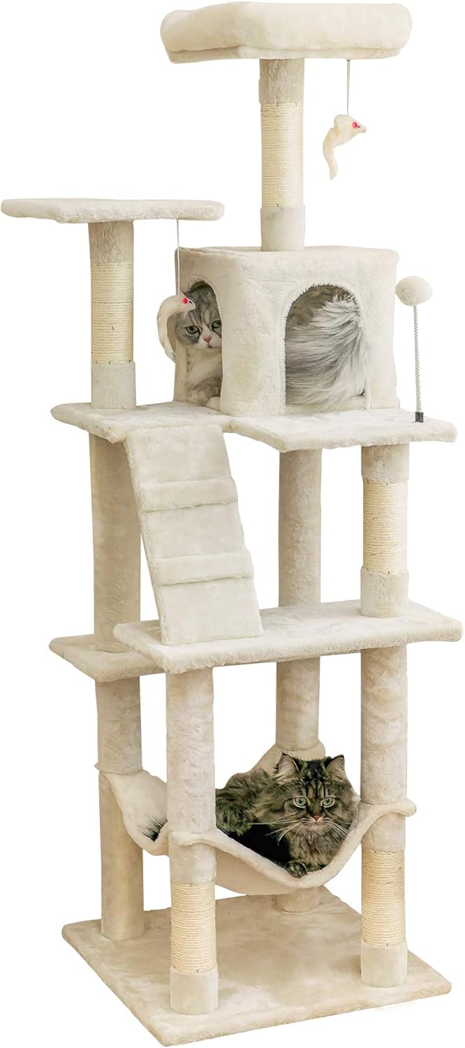 MWPO 63.8 inches Multi-Level Cat Tree for Large Cats with Sisal-Covered Scratching Posts, Padded Platform, Hammock and Condo,Stable Cat Tower Cat Condo Pet Play House-Beige