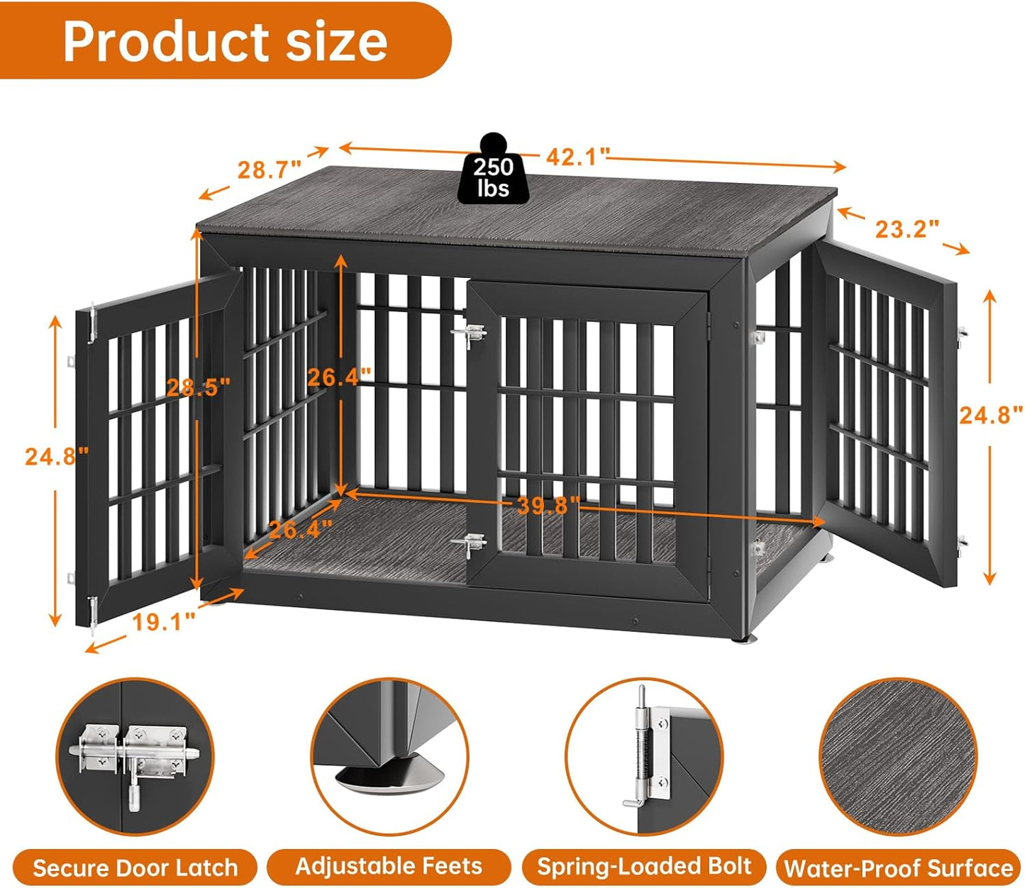 42" Heavy Duty Dog Crate Furniture for Small,Medium and Large Dogs,Rustic Wooden Dog Cage Kennel Indoor Furniture with Waterproof Top,Decorative Pet House Side End Table (Black & Grey)