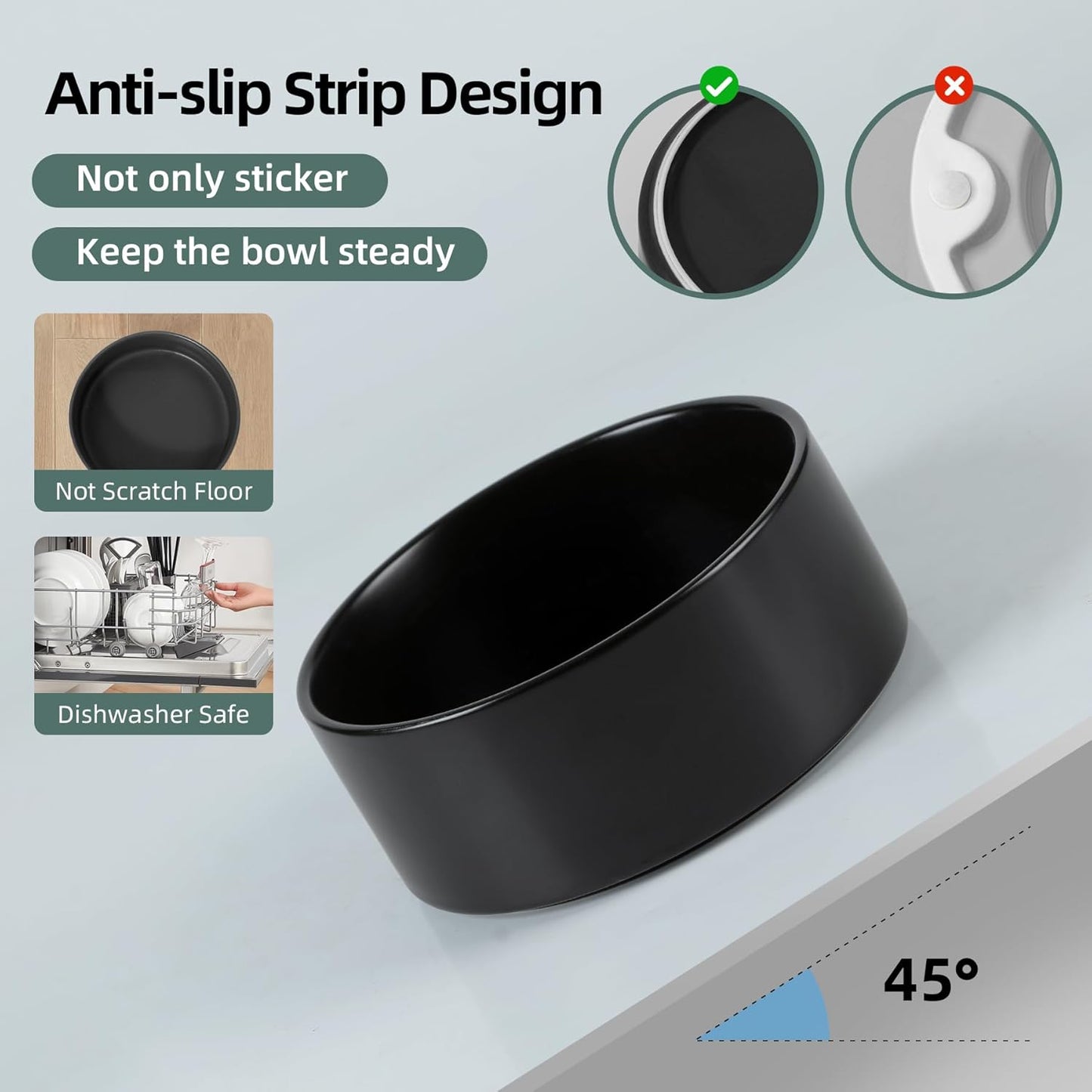 Ceramic Elevated Dog Bowl Set, Raised Food and Water Bowl for Large Breed Dogs, Weighted Dishes, Black (8.2'', 60OZ)