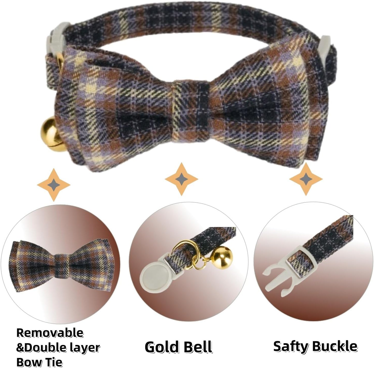 2 Pack Soft Cotton Cat Collars with Bowtie and Bell Breakaway Plaid Cat Kitten Collar(Ocean Blue and Mocha Tweed)