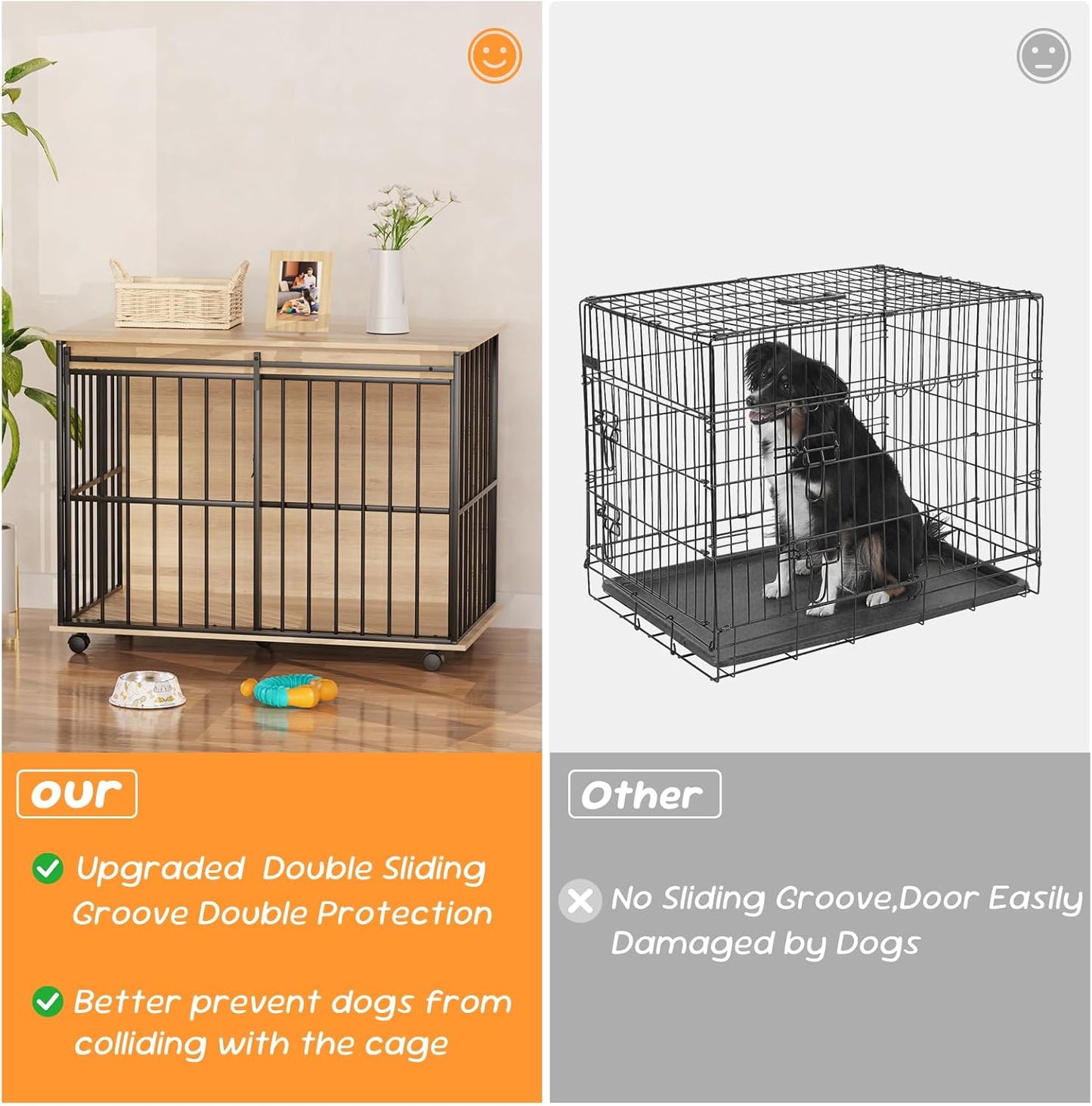 43.7" Dog Crate Furniture, XL Dog Crate Dog Kennel Indoor with Wheels for Large Medium Small Dogs, Wooden Dog Kennel End Table with Sliding Door Wooden Furniture Crates for Living Room, Bedroom