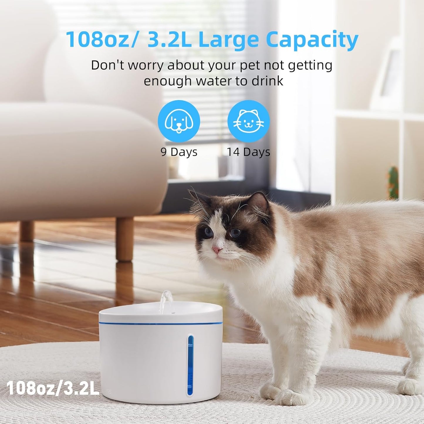 DOGNESS D06 Cat Water Fountain with Filter, Keep Water Fresh Automatic 3.2L Large Capacity Ultra Silent Removable Fresh Cat Water Dispenser for Dogs, Cats, Birds (3.2L White)