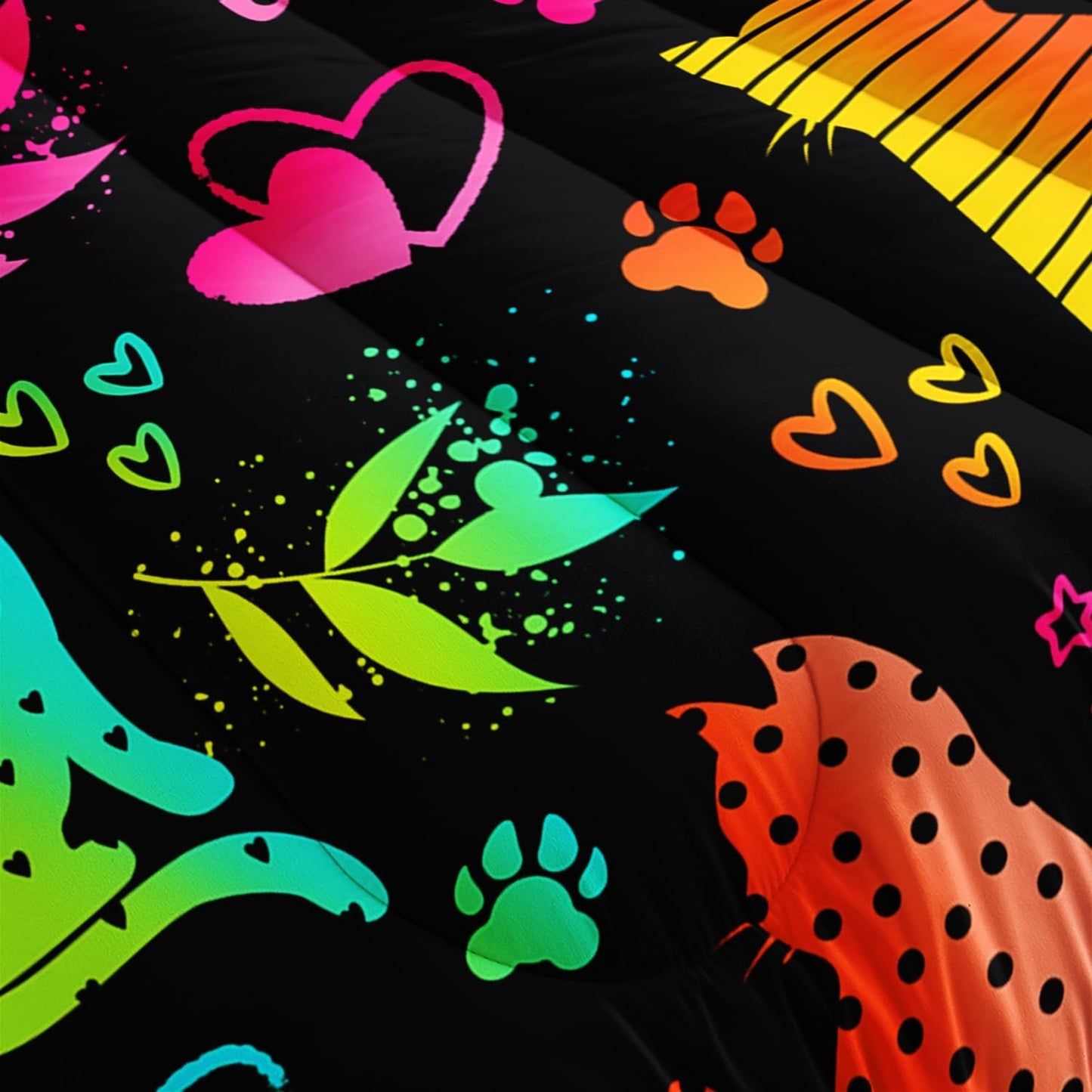 Kawaii Cat Animal Comforter 3Pcs Queen Lovely Pet Cat Bedding Set for Kid Teen Girl Boy Adult Room Decor Cartoon Kitten Paw Heart Bamboo Leaf Pattern Quilt with 1 Comforter and 2 Pillowcases