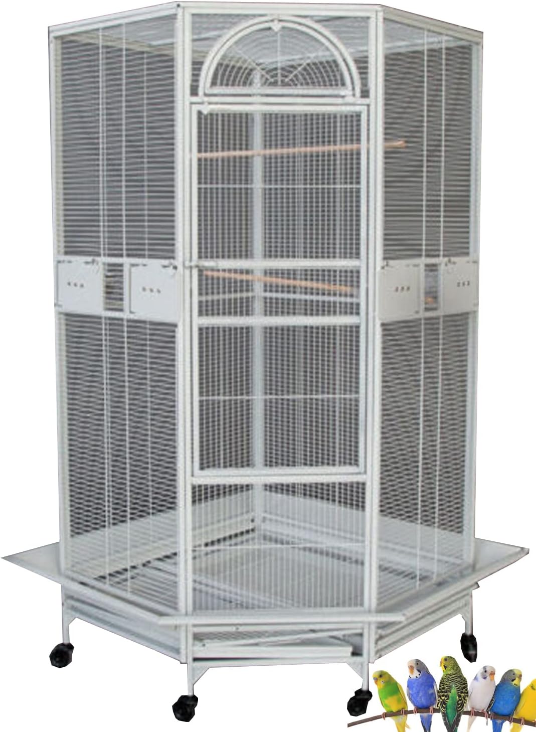 64" Extra Large Corner Bird Flight Breeding Wrought Iron Rolling Parrot Cage Side Solid Metal Plate Feed Doors Pull Out Removable Grate and Tray with Around Metal Seed Guard