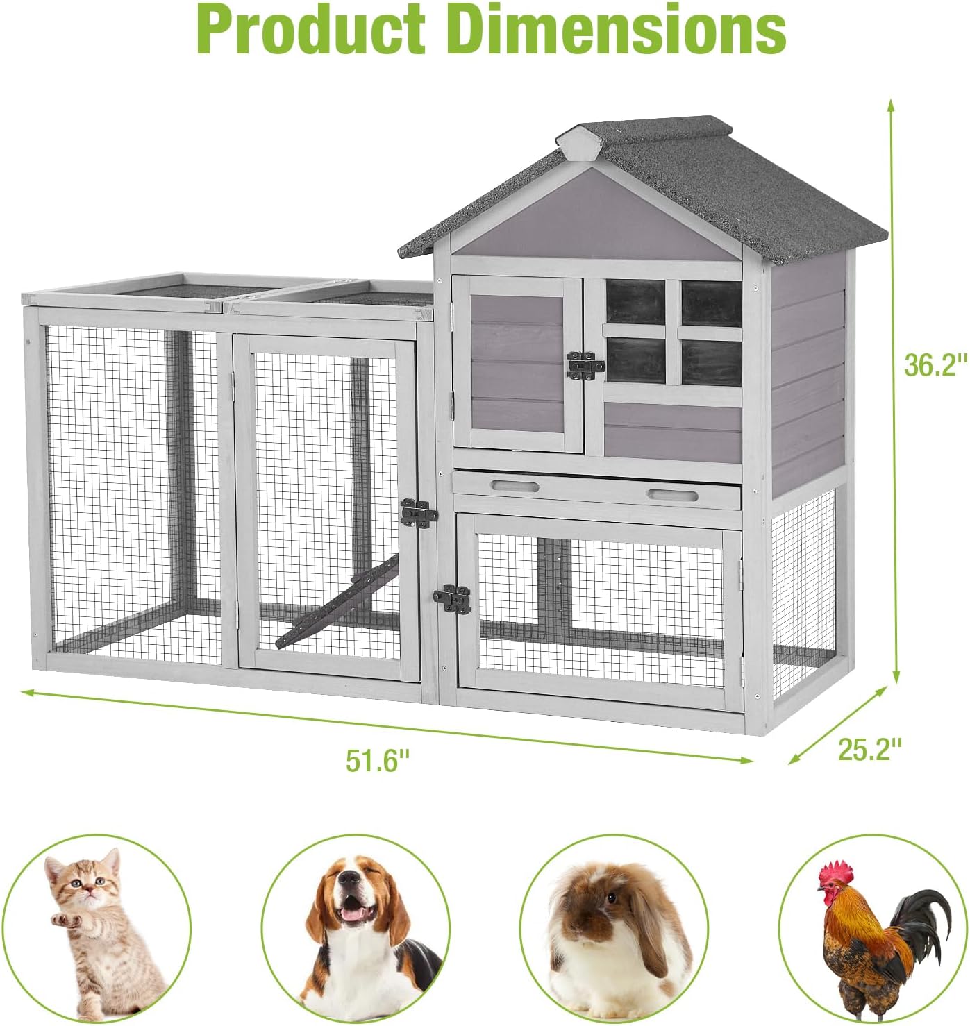 GUTINNEEN Rabbit Hutch Indoor Chicken Coop Outdoor, 51.6''L 2 Story Bunny Cage Weatherproof, Guinea Pig House with Run (Grey)