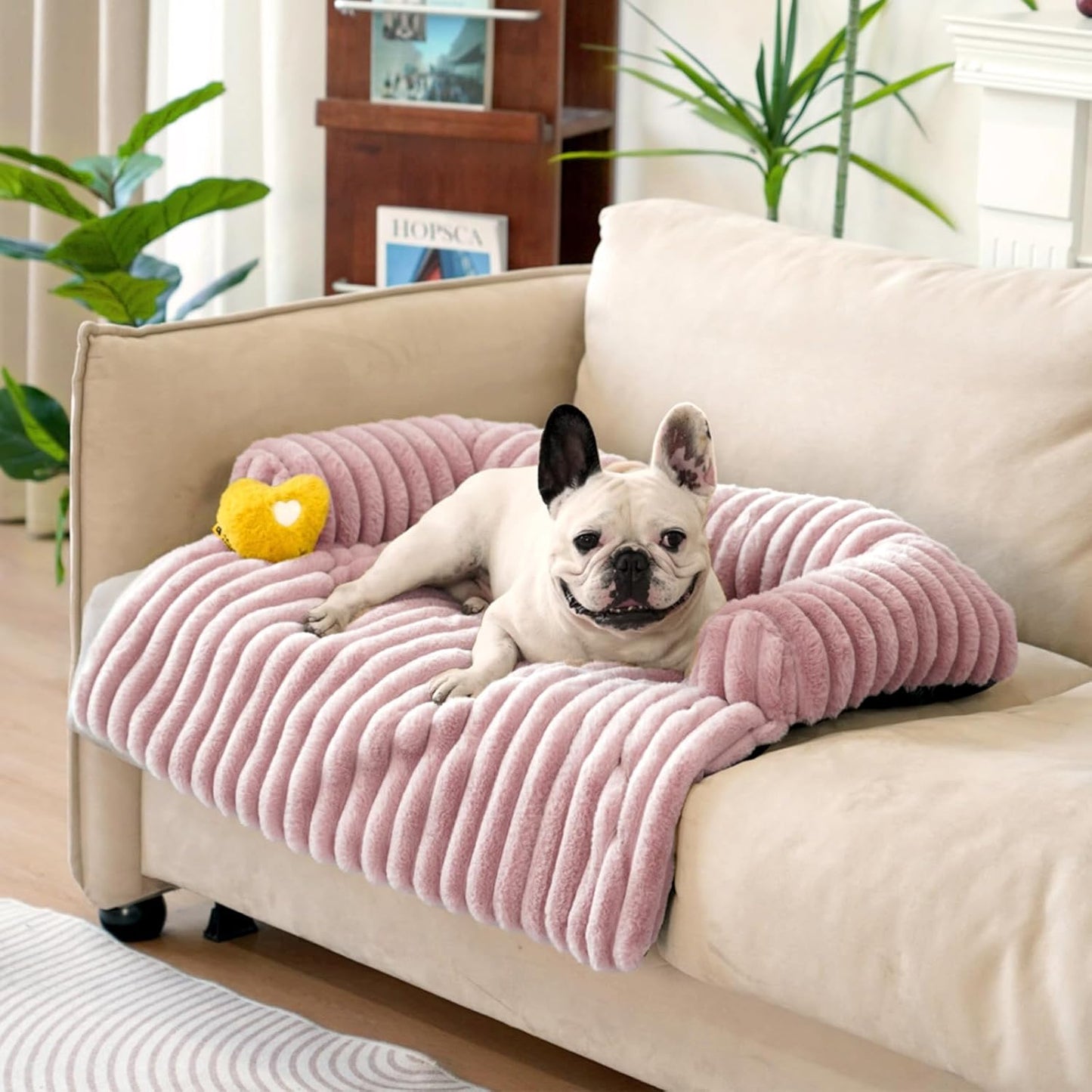 FUNNY FUZZY Pet Couch Cover for Sofa, Calming Dog Bed for Couch, Fluffy Plush Dog Couch Mat for Furniture Protector for Medium Dogs and Cats, 33×28 in, Pink