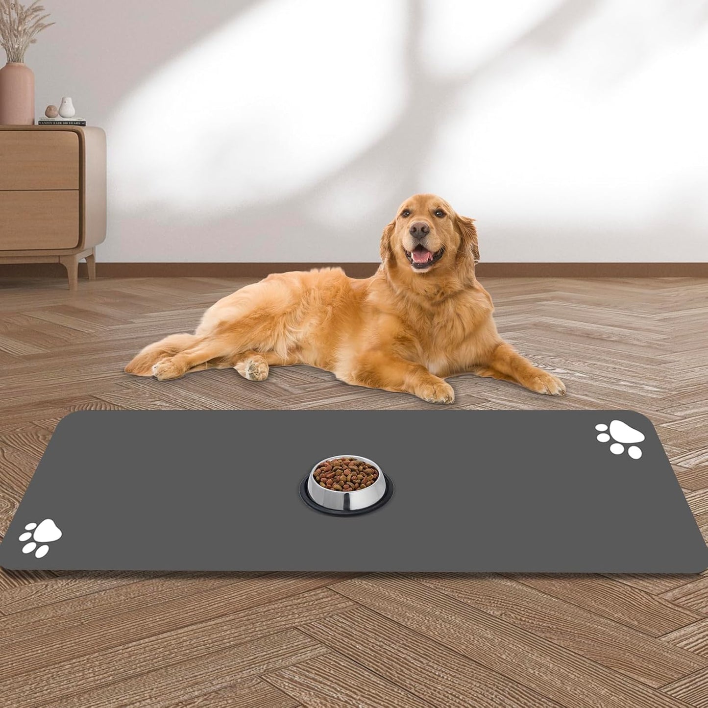 Large Pet Feeding Mat, 39.4"x31.5" Absorbent Quick Dry Dog Mat for Food and Water Bowl, Non Skid Cat Bowl Mat, No Stains Quick Dry for Pet Water Dispenser Pet Supplies for Messy Drinkers