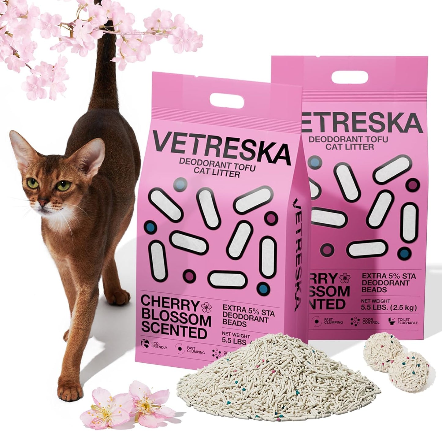 VETRESKA Cherry Blossom Tofu Cat Litter,Natural Kitty Litter Strong Clumping Flushable Cat Litter Pellets Ultra Absorbent,Dust-Free,Low Tracking,Deodorant Tofu Litter Compostable(5.5lb×2bags)