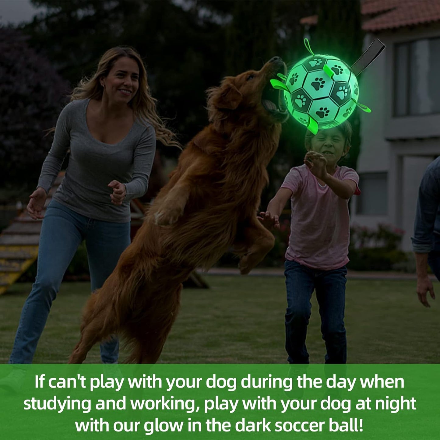 QDAN Glow in The Dark Dog Toys Soccer Ball with Straps - Light Up Dog Balls for Large Dogs, Interactive Dog Toys with Strap for Tug of War,Puppy Birthday Gifts (8 Inch)