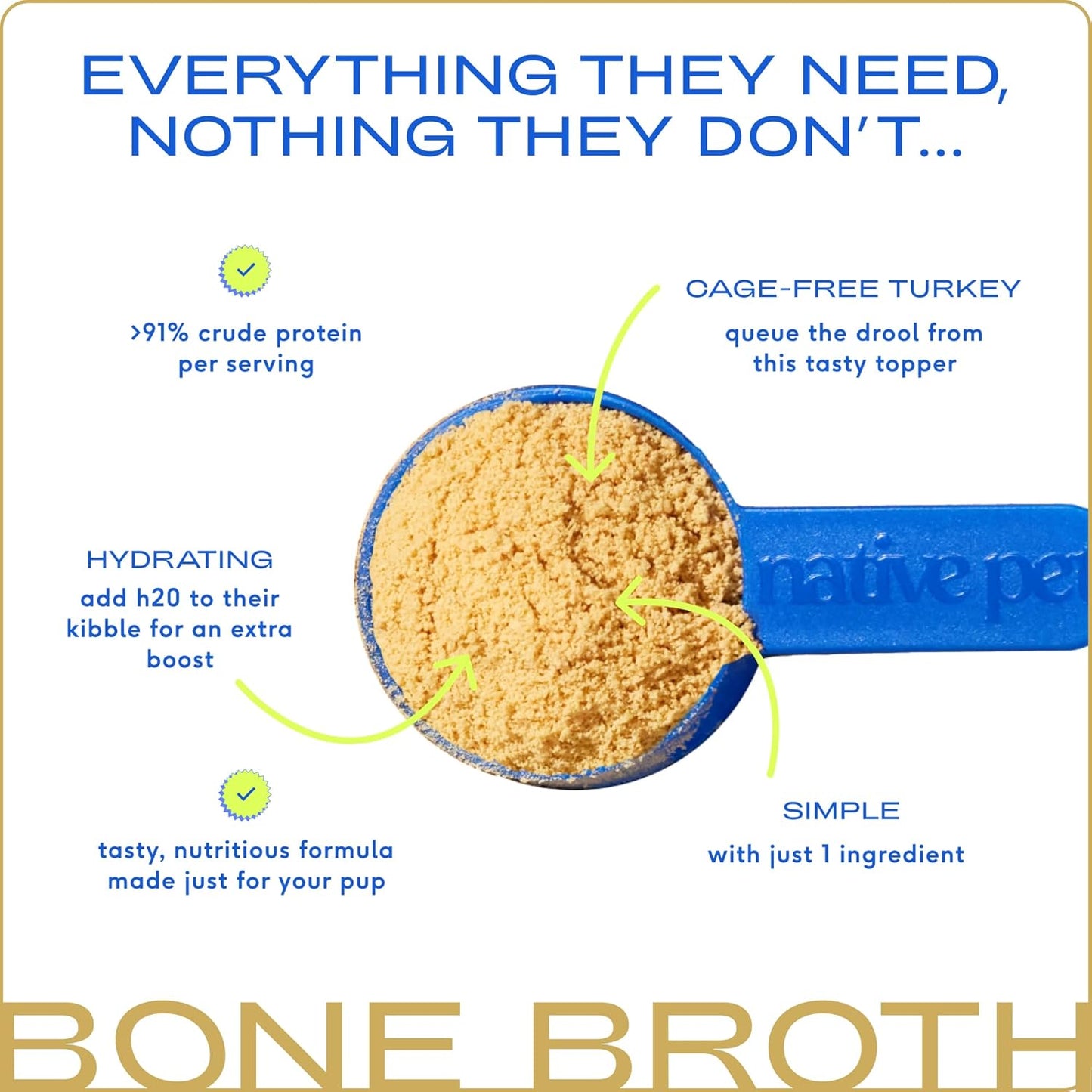 Native Pet Bone Broth for Dogs and Cats - Turkey Bone Broth Powder Dog Food Toppers for Picky Eaters - Provides Extra Nutrition for Joint Strength, Immune Support & Heart Health - 96 Scoops