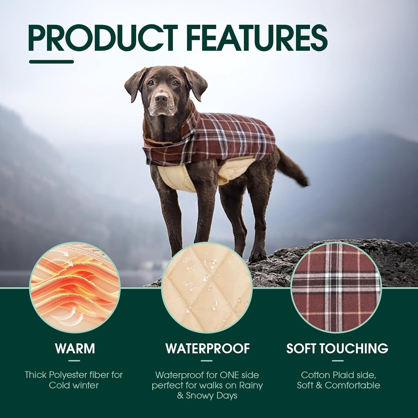 Kuoser Waterproof Dog Coat, Reversible Dog Jacket for Medium Dogs, Adjustable Durable Doggie Winter Coat Warm Puppy Cold Weather Apparel from Small to Large Breed, Brown M