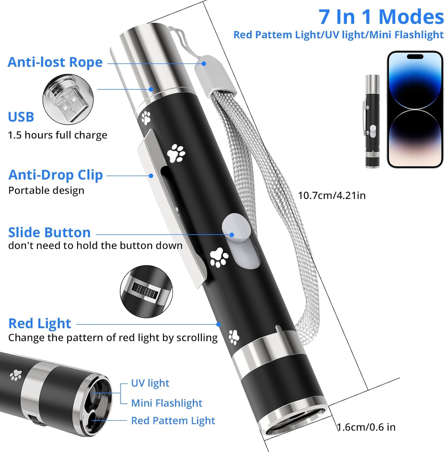 Cat Toys, 2 Pieces, USB Rechargeable Interactive Cat Mouse Toys, 3 Light Modes & 5 Adjustable Patterns, Portable Kitten Toy for Indoor Cats & Dogs, Training & Exercise Fun