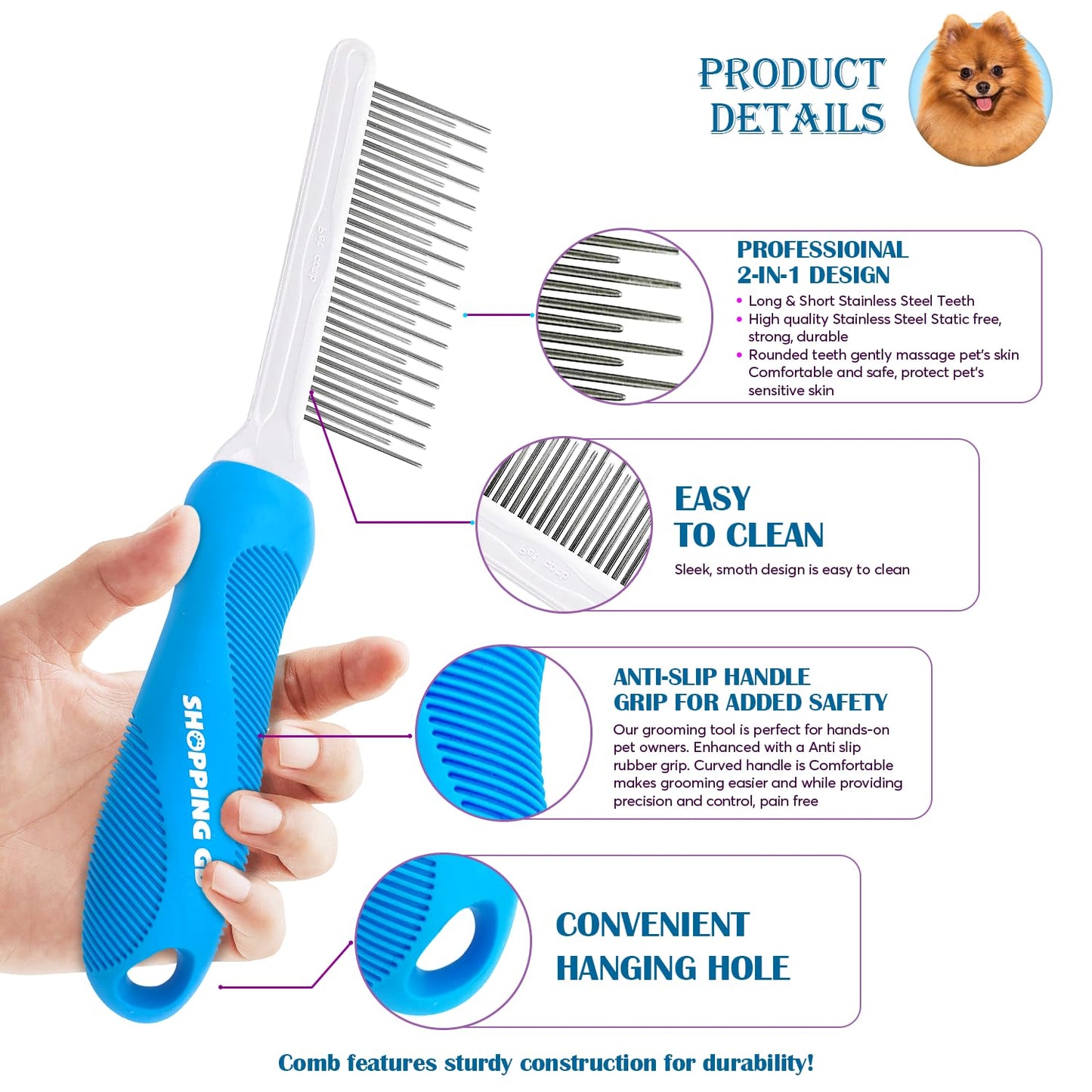 Detangling Pet Grooming Comb for Dogs & Cats with Long & Short Stainless Steel Metal Teeth for Removing Tangles and Knots - Dematting Brush to Detangle Matted Hair