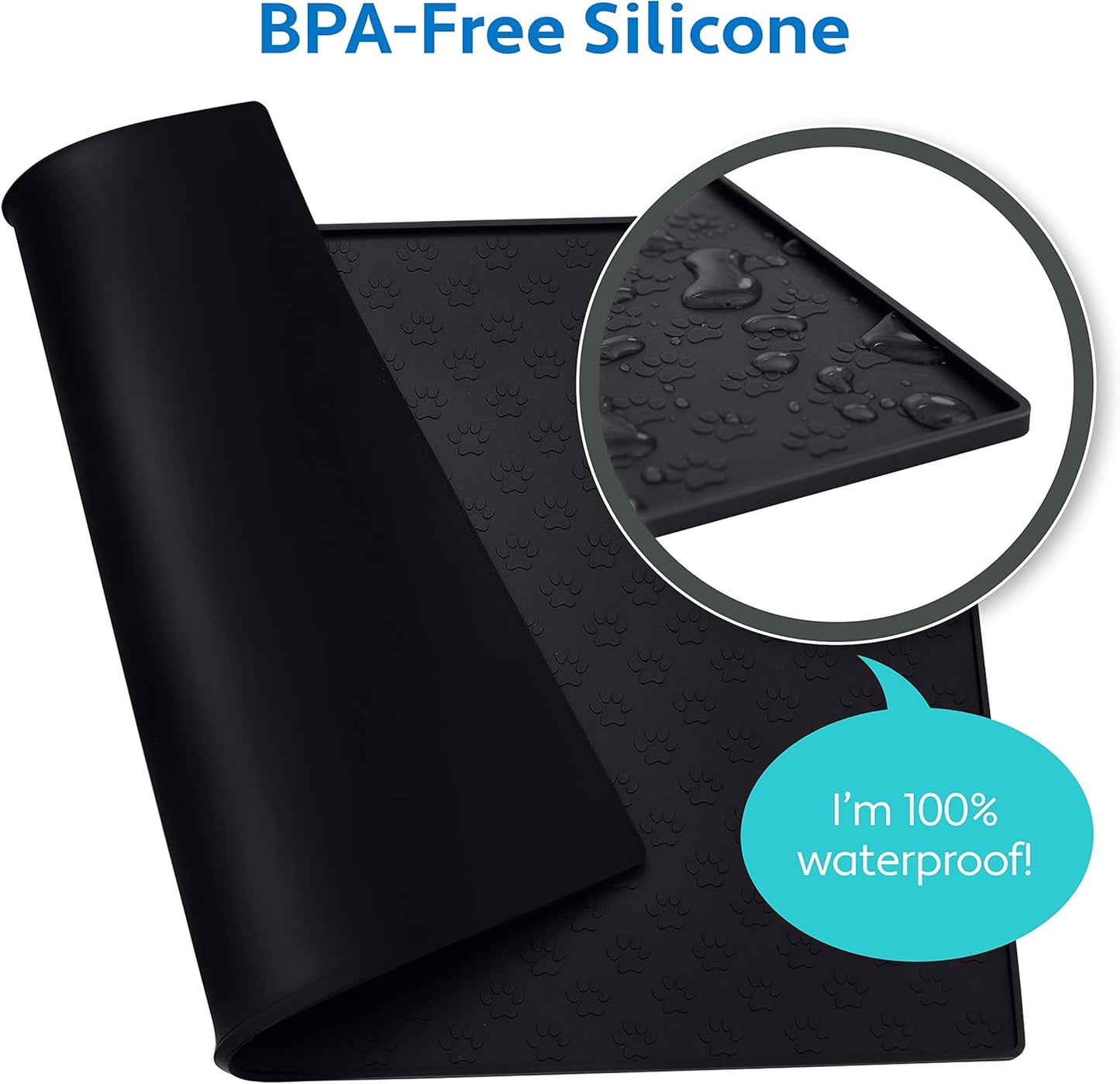 MIGHTY MONKEY 100% Waterproof Dog Food Mat, Raised Edges Silicone Pet Feeding Placemat for Cat, Dogs, Pet Bowls, High Lipped Tray Prevents Water Spills, Food on Floor, Dishwasher Safe, 24x16, Black