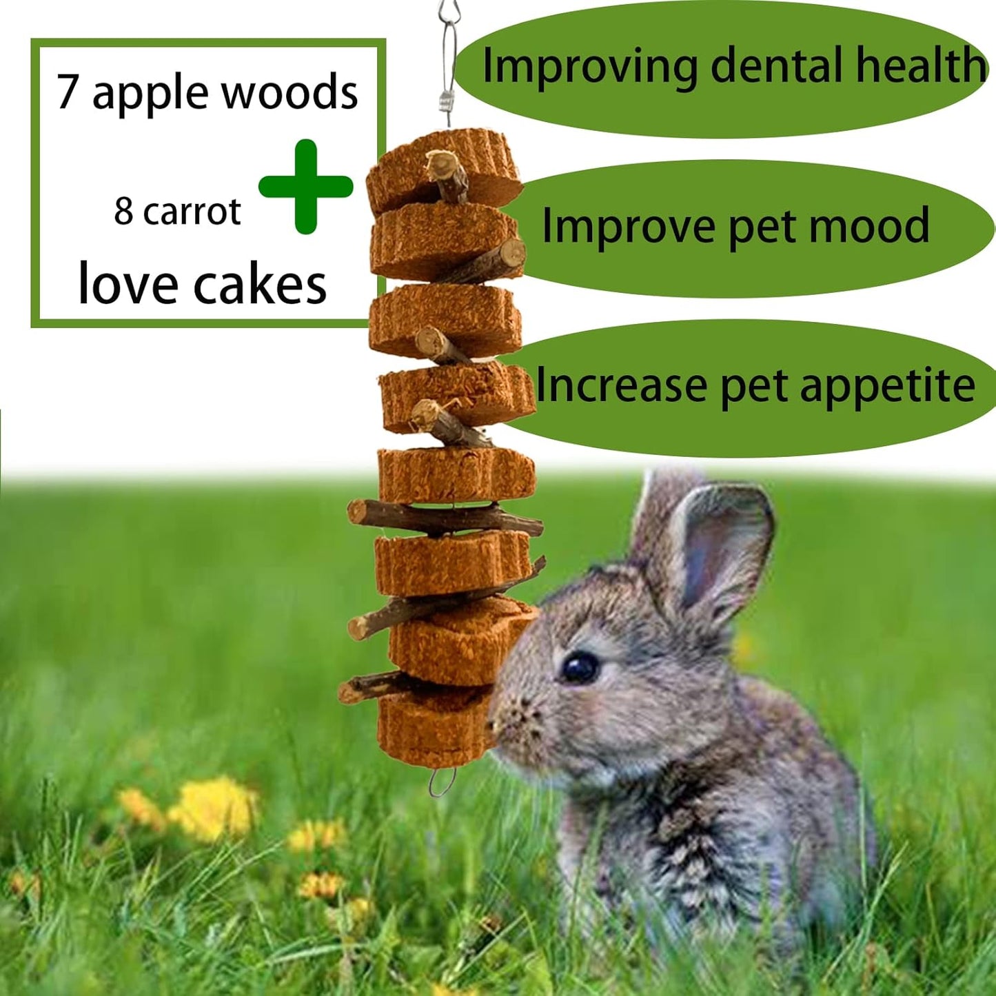 Bunny Carrot Cake Chew Toys,Rabbit Teeth Grinding Hanging Chinchillas Molar Toy Improve Dental Health Natural Apple Sticks for Guinea Pigs Rats Hamsters Gerbils(4 Packs)