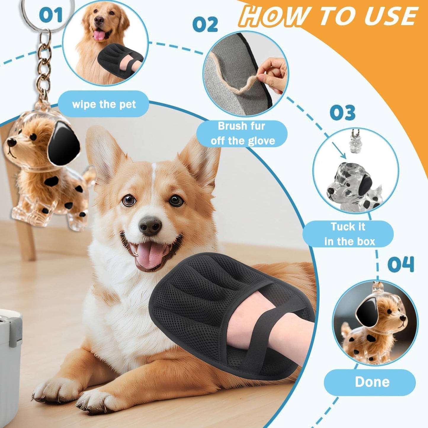 1PC Pet Hair Removal Glove,Electrostatic Gloves Pet Hair,Reusable Cat & Dog Hair Remover for Couch,Furniture,Carpet,Curtain,Carpet Car Seat,Pet Memorial Gifts for Dogs,dog hair collector keychain