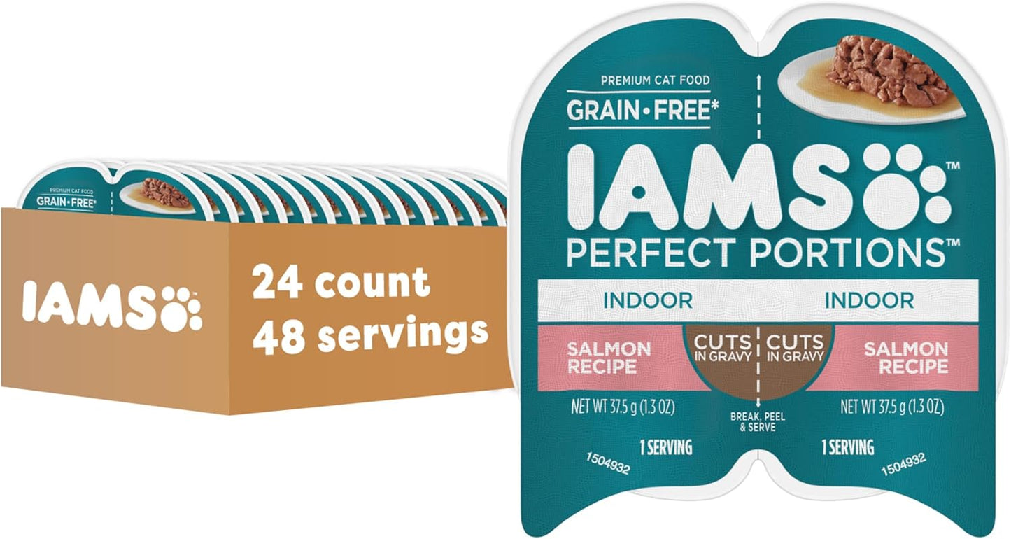 IAMS Perfect Portions Indoor Adult Wet Cat Food Cuts in Gravy, Salmon Recipe, 2.6 oz. Easy Peel Twin-Pack Trays (24 Count, 48 Servings)