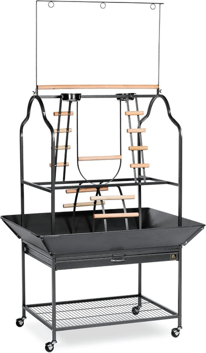 Prevue Pet Products Large Parrot Playstand with Wheels, Bird Stand Activity Play Center with Perches and Ladders, Indoor Outdoor Playground for Birds, Black Hammertone Finish
