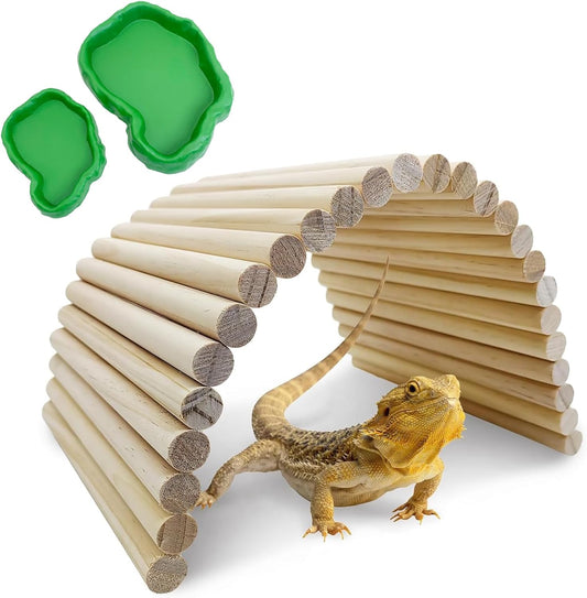Hamiledyi 15.66 x 7.8 inch Wooden Reptile Hideout, Bearded Dragon Bendy Bridge, Reptiles Hide Cave Habitat Decor, Climbing Ladder Hiding Hut for Lizards Gecko Spiders Snakes Tortoise