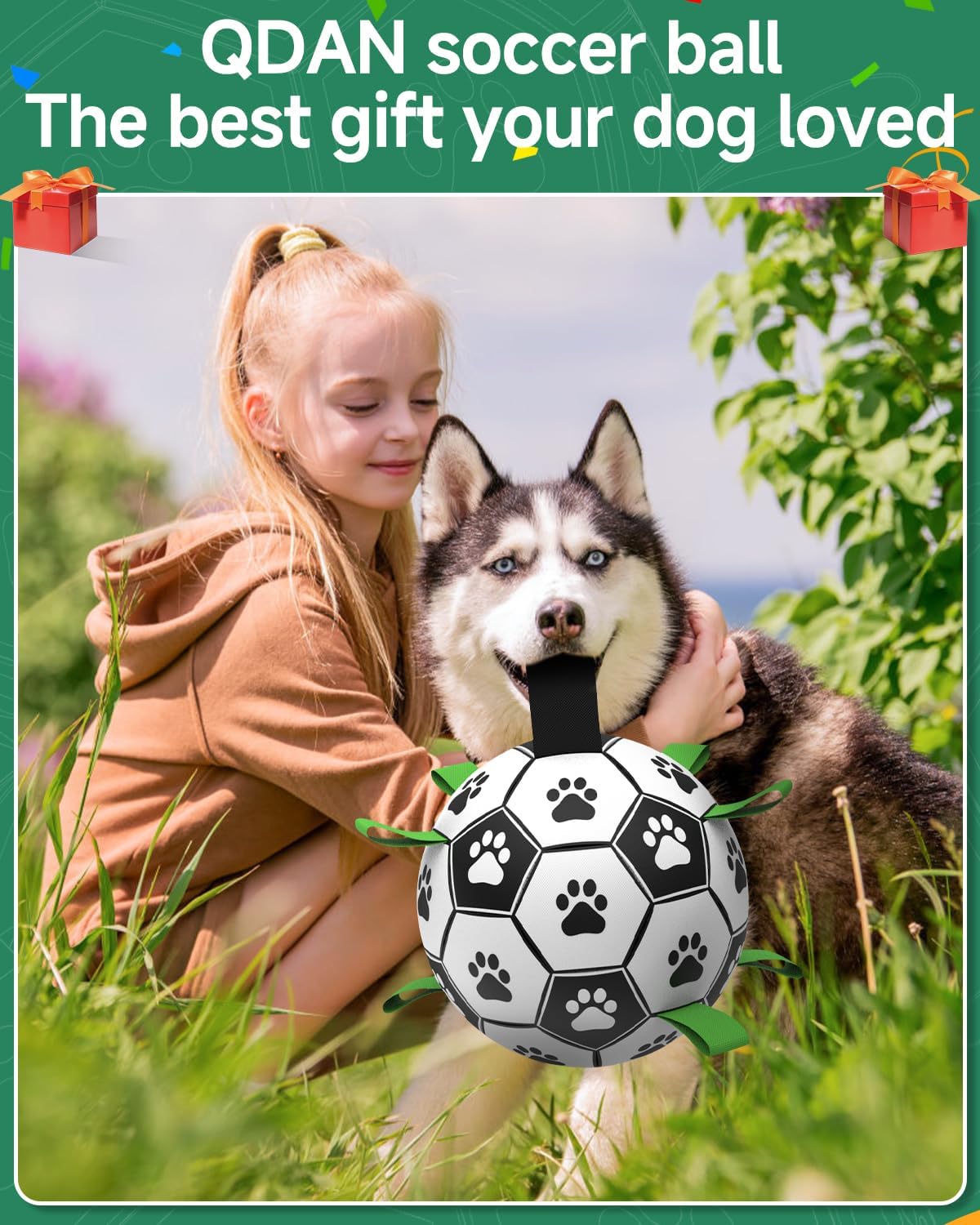 QDAN Soccer Ball with Straps - Durable Giant Dogs Balls, Outdoor, Herding, Floating, Birthday (10 Inch)