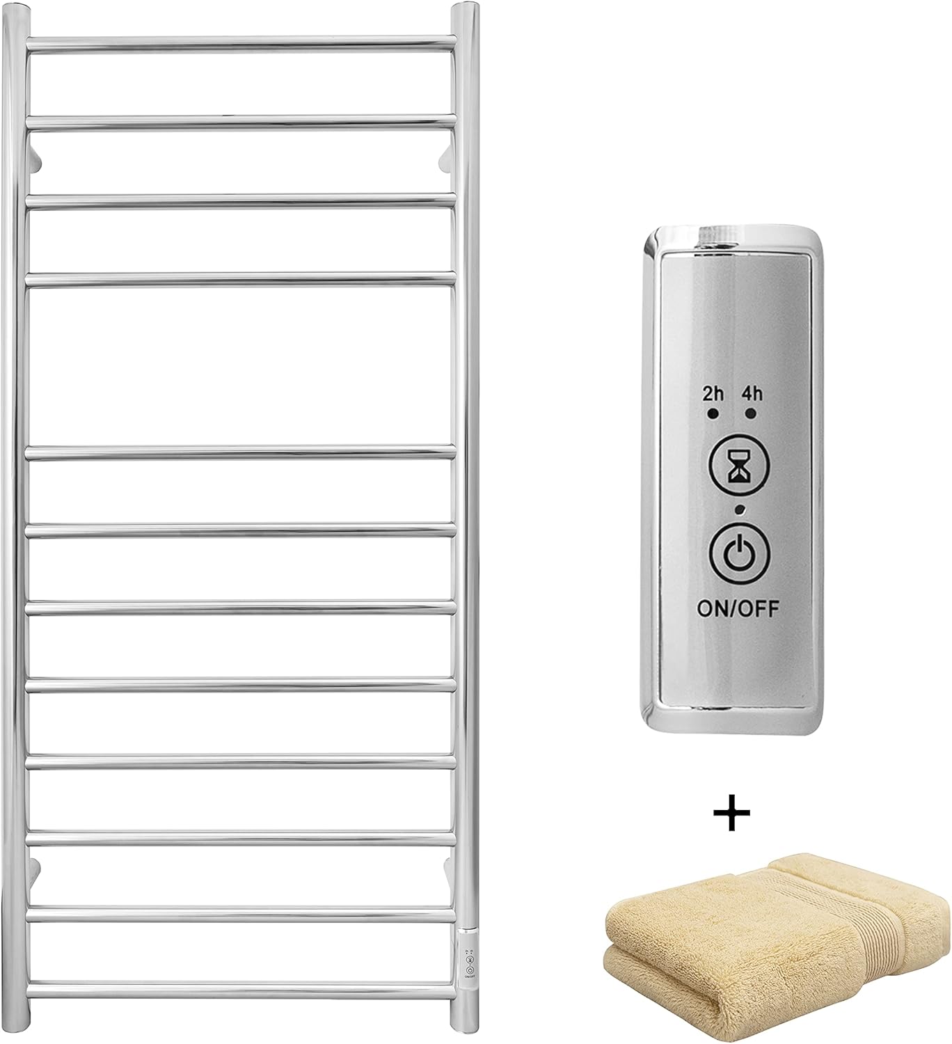 KEG Towel Warmer Wall Mounted with Built-in Timer 12 Bars Electric Stainless Steel Heated Towel Racks for Bathroom, Hot Plug-in Bath Towel Heater Polish Chrome