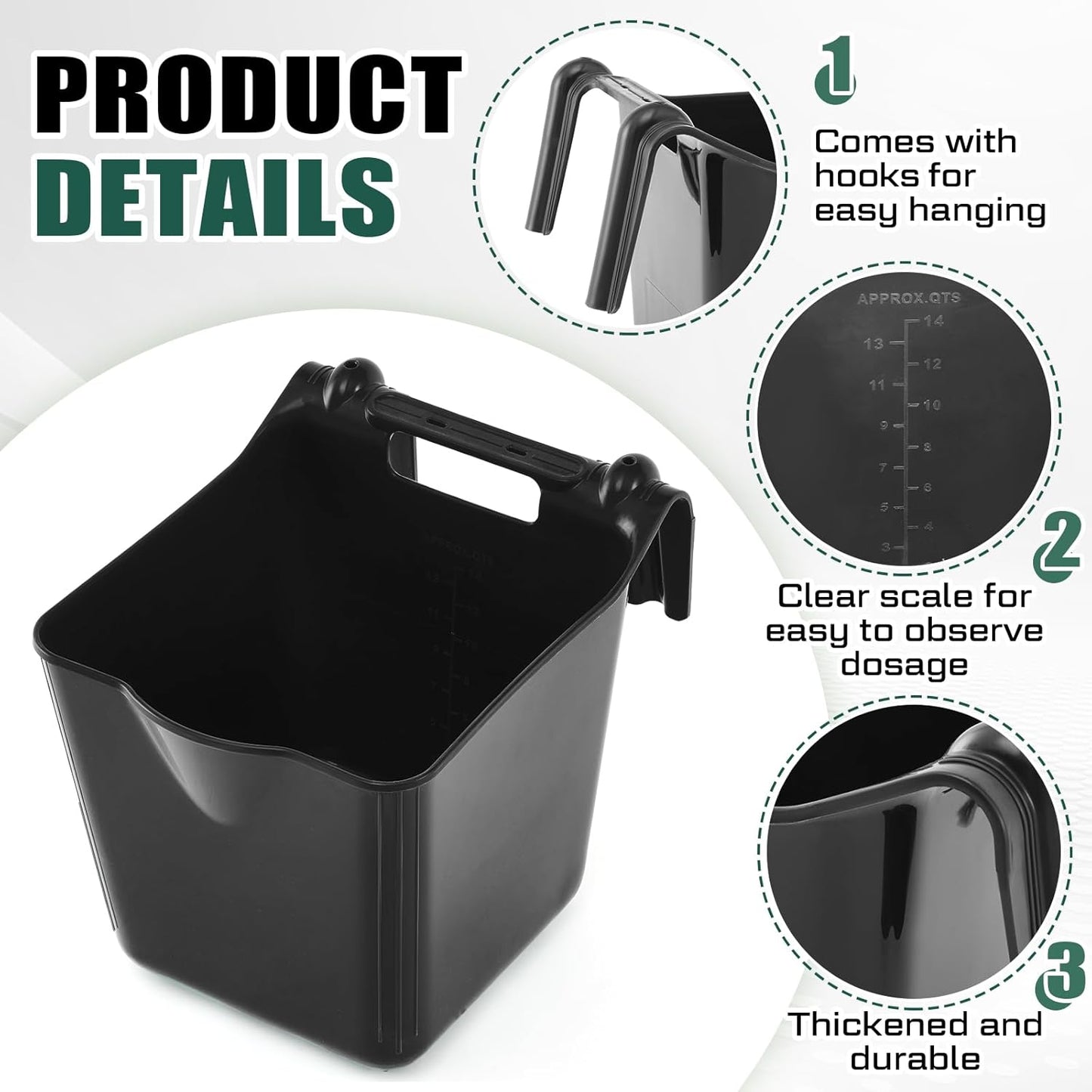 4 Pack 15 Quart Horse Feeders for Stall Hook Over Hanging Fence Hay Feeder Mountable Livestock Plastic Feed Bucket for Farm Stalls Pasture, Stable to Feed Horses Sheep Cattle Cows Etc(Black)