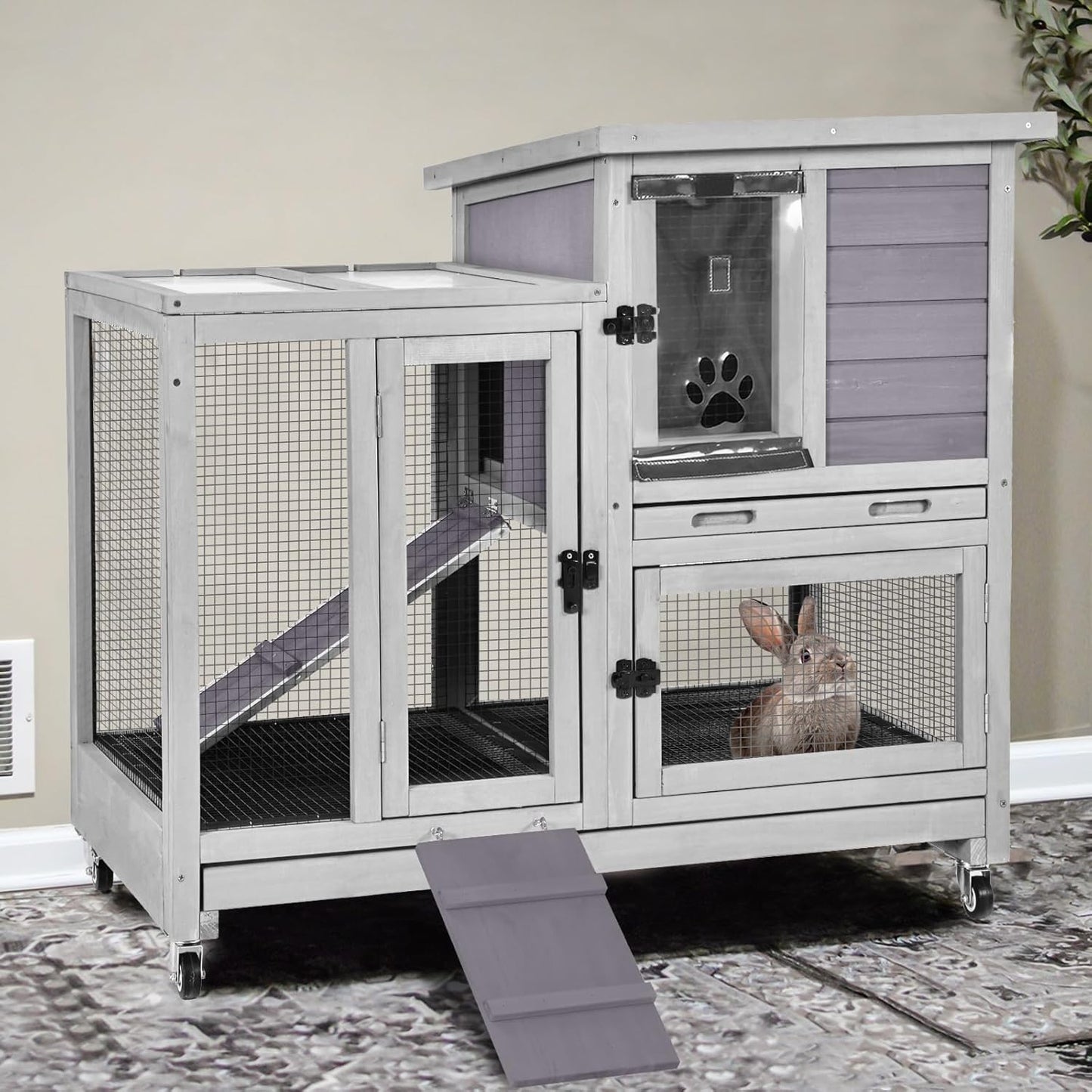 GUTINNEEN 2-Story Rabbit Hutch Indoor with Chew-Proof Ramp & Slide-Out Plastic Trays - Wooden Small Animal Cage Guinea Pig Cages with Wheels for 2-4 Rabbits, Bunnies, and Guinea Pigs (Grey)