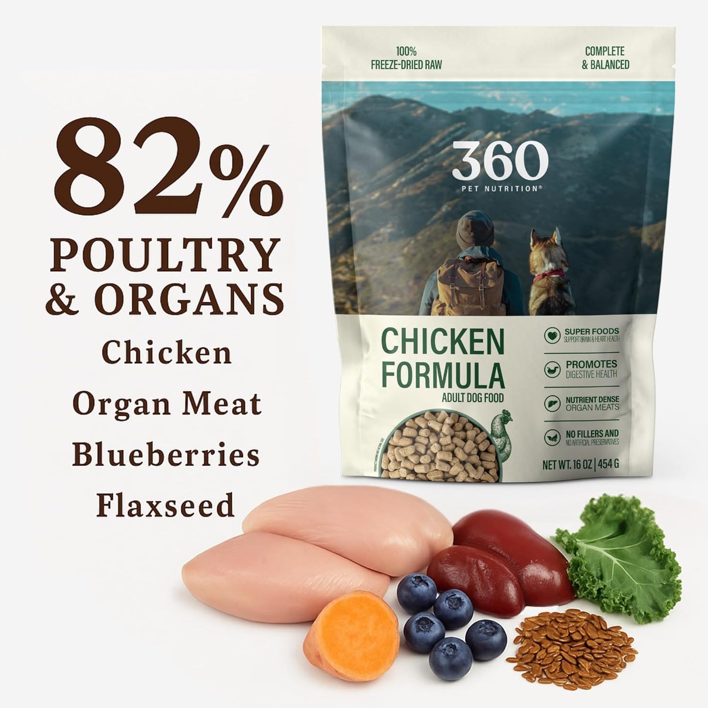 360 Pet Nutrition Freeze-Dried Raw Dog Food – Chicken Recipe with Liver & Organs, High Protein, Omega-3s, Fruits, Veggies & Superfoods, Grain-Free, No Fillers, 3 lb – Made in USA