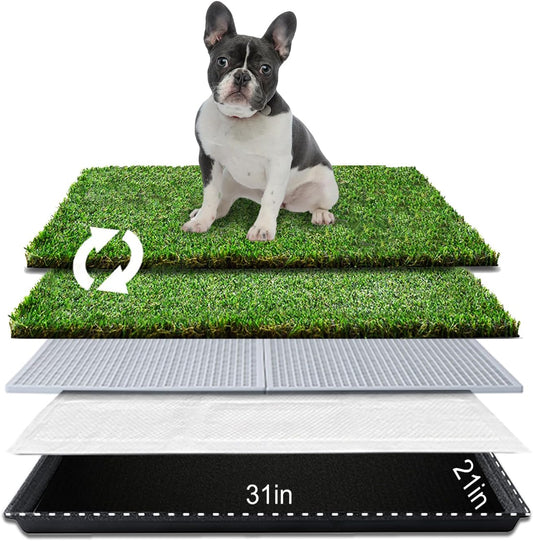 HQ4us Dog Grass Pad with Tray Medium 31”×21” Dog Litter Box Toilet with 2×Artificial Grass for Dogs with Hemmed Edge, Pee Pads for Dogs, Realistic, Less Stink, Potty for Balcony
