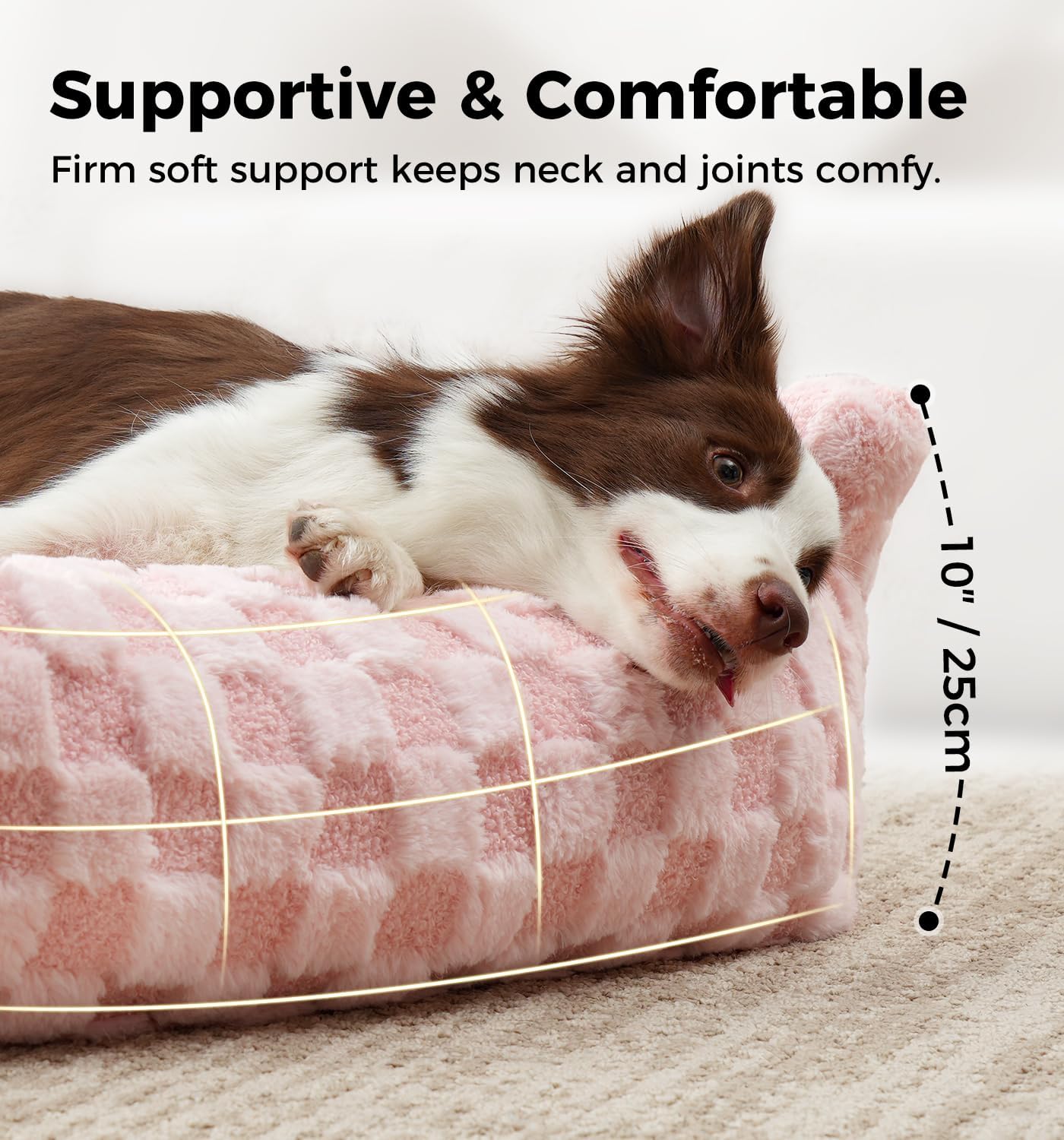Made4Pets Dog Couch Bed, Soft Faux Fur Checkered Pet Sofa, Comfortable Fluffy Dog Sofa with Supportive Foam, Removable Washable Cover with Non-Slip Base, Pink, Large