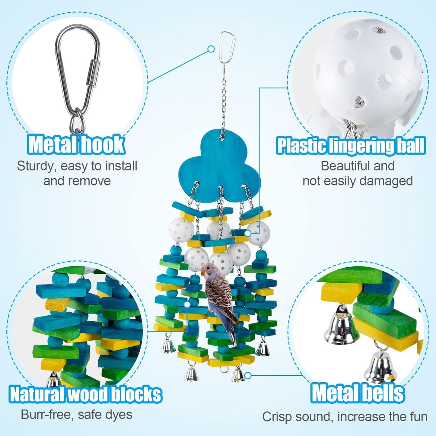 Parrot Toys for Large Birds, Parrots Chew Toy Gift with Colorful Wood Blocks and Bells for Macaws African Grey and Amazon Parrots (Blueberry Style)