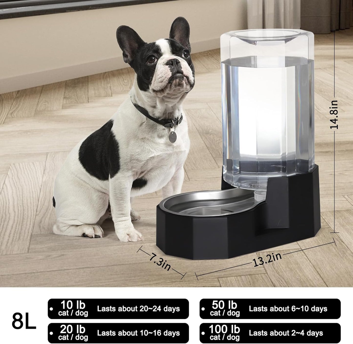 Sfozstra Large Dog Water Dispenser: 8L Automatic Black Water Feeder with Stainless Steel Bowl - Without Filter - Gravity Design for Multiple Pets Indoor/Outdoor