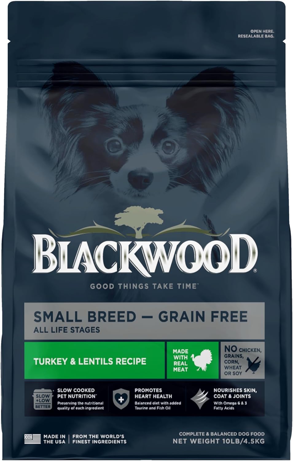 Blackwood Grain Free Small Breed Dry Dog Food, Turkey & Lentils Recipe, 10 Pound Bag for All Life Stages, Slow Cooked with Taurine and Fish Oil to Promote Heart Health
