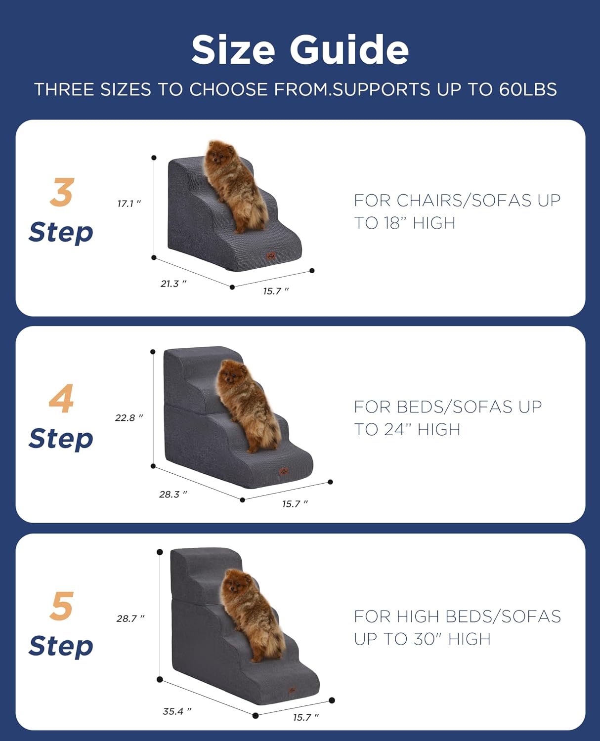 Gray Curved Dog Stairs Ramp for Small Dogs & Cats 17.1" H, 3-Step Dog Steps for Couch Sofa and Chair, Pet Stairs for Cats, Non-Slip Balanced Pet Steps