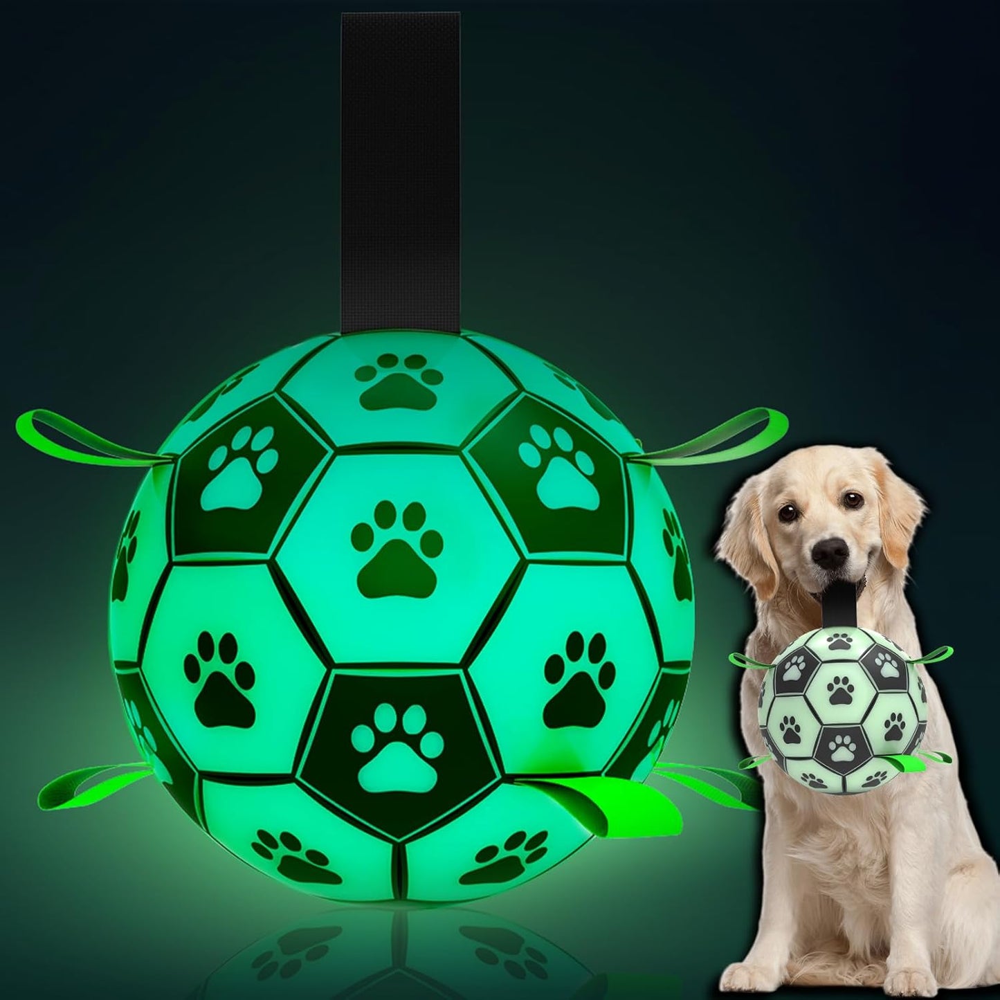 QDAN Glow in The Dark Dog Toys Soccer Ball with Straps - Light Up Dog Balls for Large Dogs, Interactive Dog Toys with Strap for Tug of War,Puppy Birthday Gifts (8 Inch)