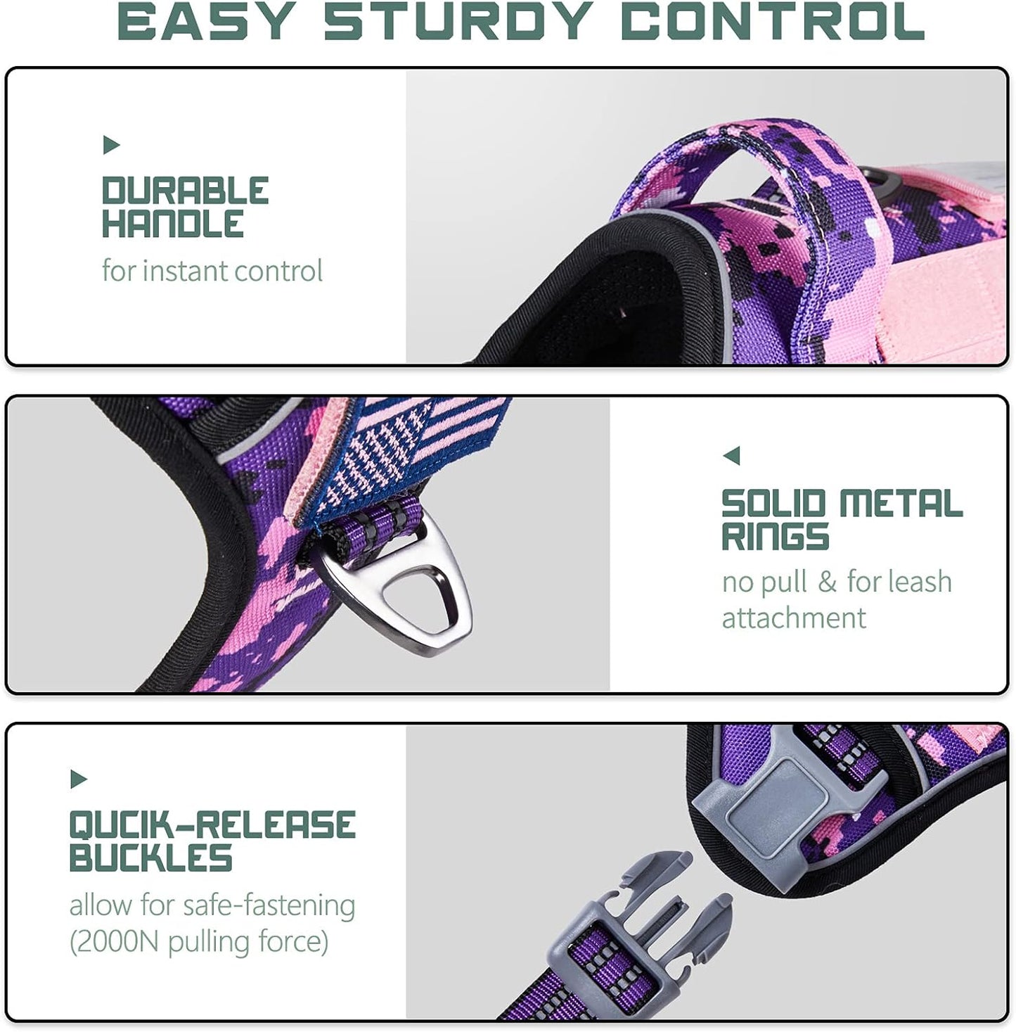 BUMBIN Tactical Dog Harness for Small Dogs No Pull, Famous TIK Tok No Pull Puppy Harness, Fit Smart Reflective Pet Walking Harness for Training, Adjustable Dog Vest Harness with Handle Purple Camo S