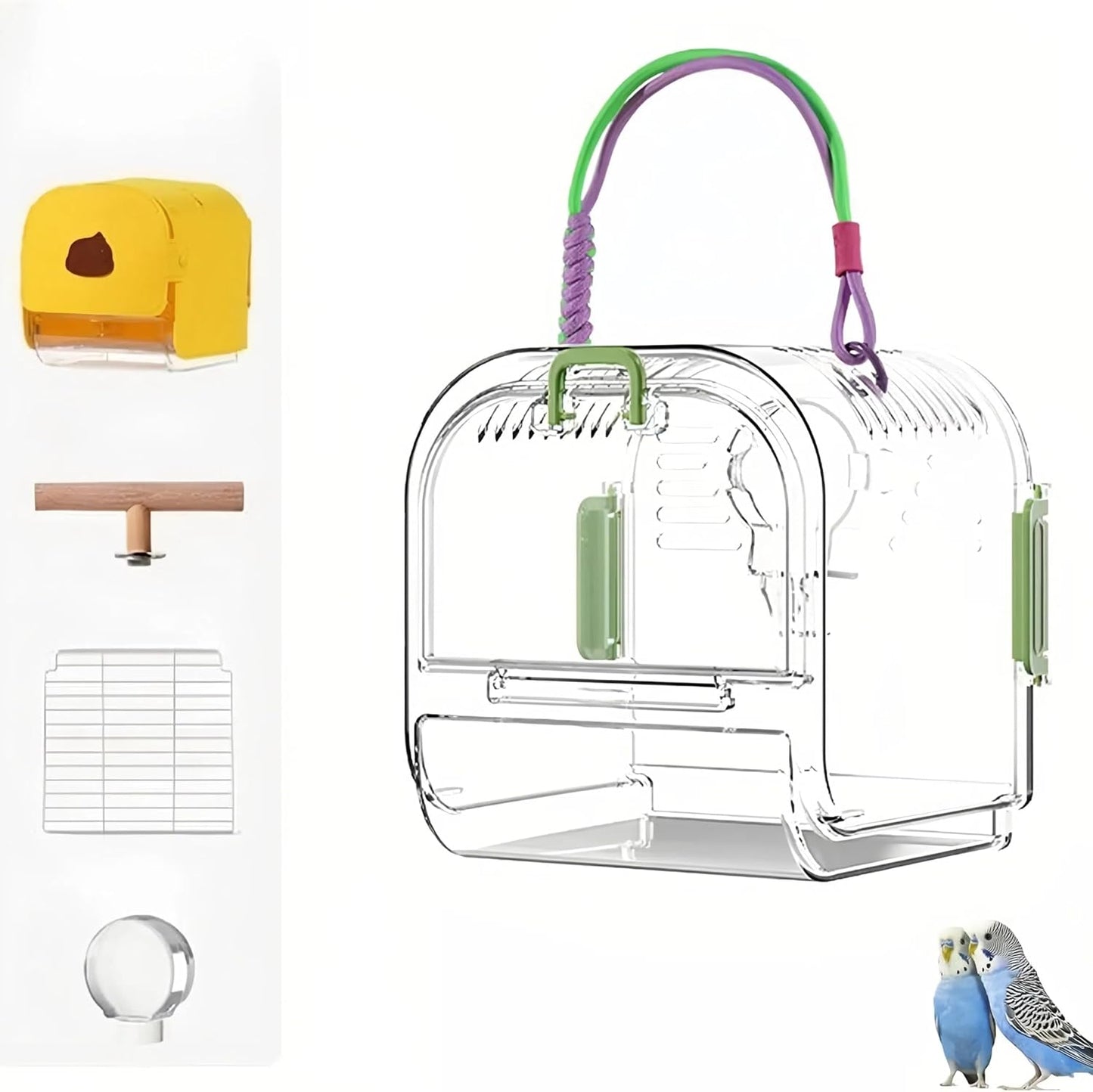 Small Bird Travel Cage Carrier,Portable Plastic Bird Cages,Portable Bird Carrier with Clear Acrylic Design, Travel Cage with Cover, Indoor Outdoor Use (Green)