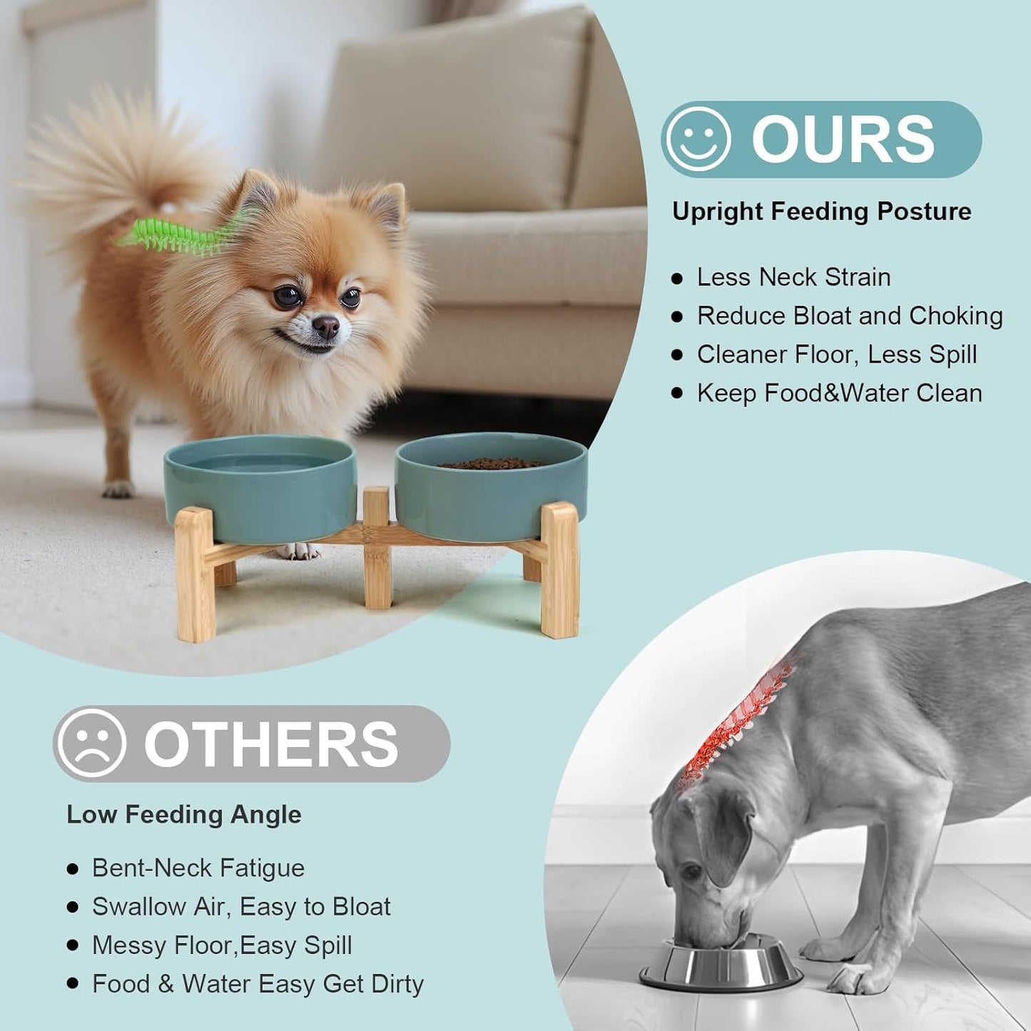 SPUNKYJUNKY Elevated Dog Bowls Ceramic, 5.1'' Dogs and Cat Food Water Bowls Raised with Non-Slip Bamboo Stand for Puppy Small Sized Breed Microwave Dishwasher Safe - 13.5 OZ,Dark Green