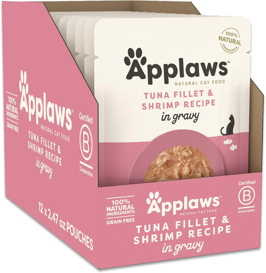Applaws Natural Wet Cat Food in Gravy, Limited Ingredient Wet Cat Food Pouches, No Additives, Made with Natural Ingredients, Tuna with Shrimp in Gravy (12 x 2.47oz Pouches)