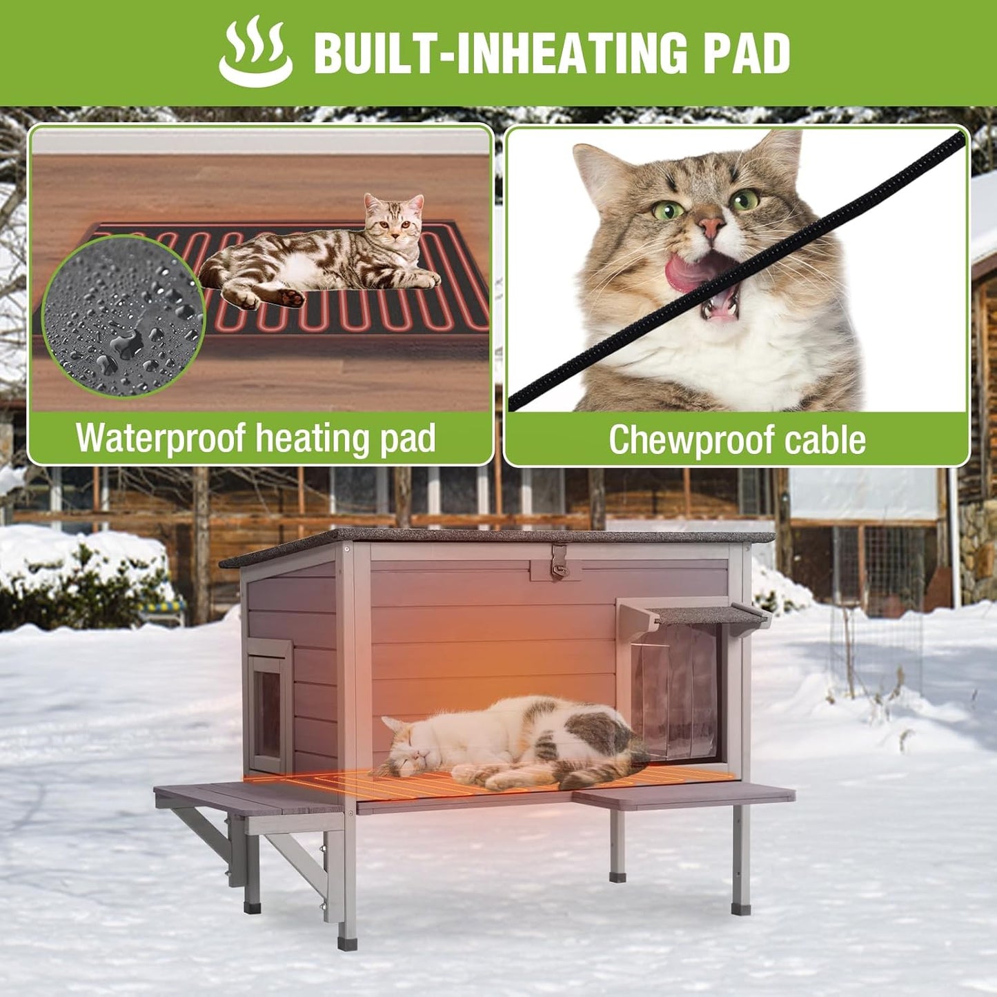 GUTINNEEN Heated Cat House Outdoor Cat House Insulated Weatherproof Feral Cat Shelter with Heated Pad and All-Round Thermal Liner for 1-3 Cats (Winter-Ready)