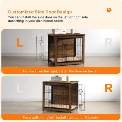 DWANTON Dog Crate Furniture with Cushion, Wooden Kennel Table with Double Doors, Indoor Dog House, Small/Medium/Large Size, 27.2" L, Warm Brown
