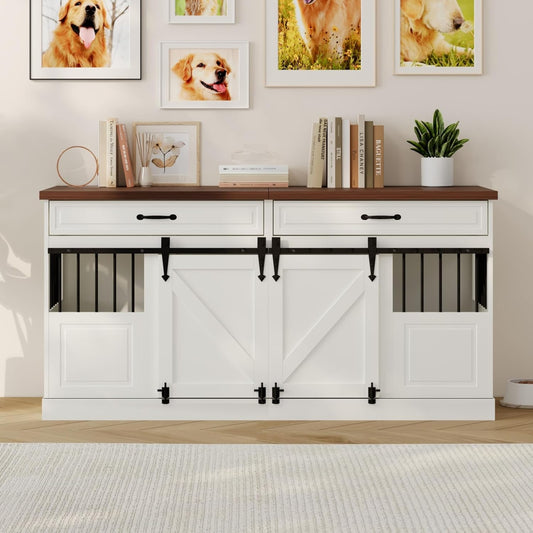 Large Dog Crate Furniture - Wooden Indoor Dog Kennel Furniture for 2 Dogs with Sliding Barn Door and Removable Divider, Heavy Duty Dog Crate Table, 63" L x 23.6" W x 31.5" H, White