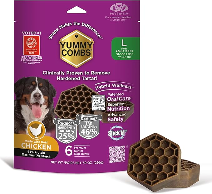 Yummy Combs Dog Dental Treats – Vet VOHC Approved, Removes Tartar & Cleans Teeth – Yummy High Protein Chicken Treat for Large Dogs (Mini Pack, 6 Count)