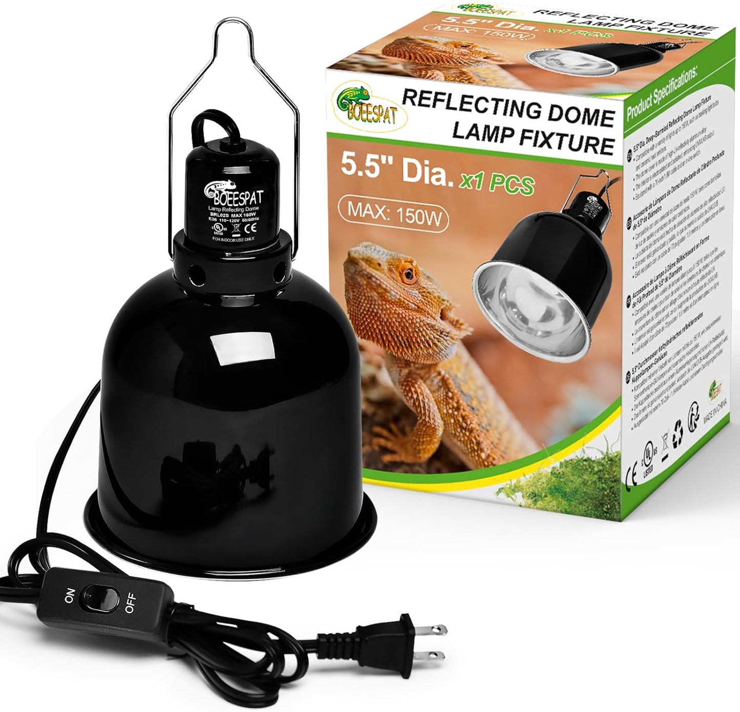 Reptile Light Fixture 5.5 inch Deep Dome with Switch, Optical Reflecting Cover for UVB/UVA Basking Bulbs & Ceramic Heat Emitters